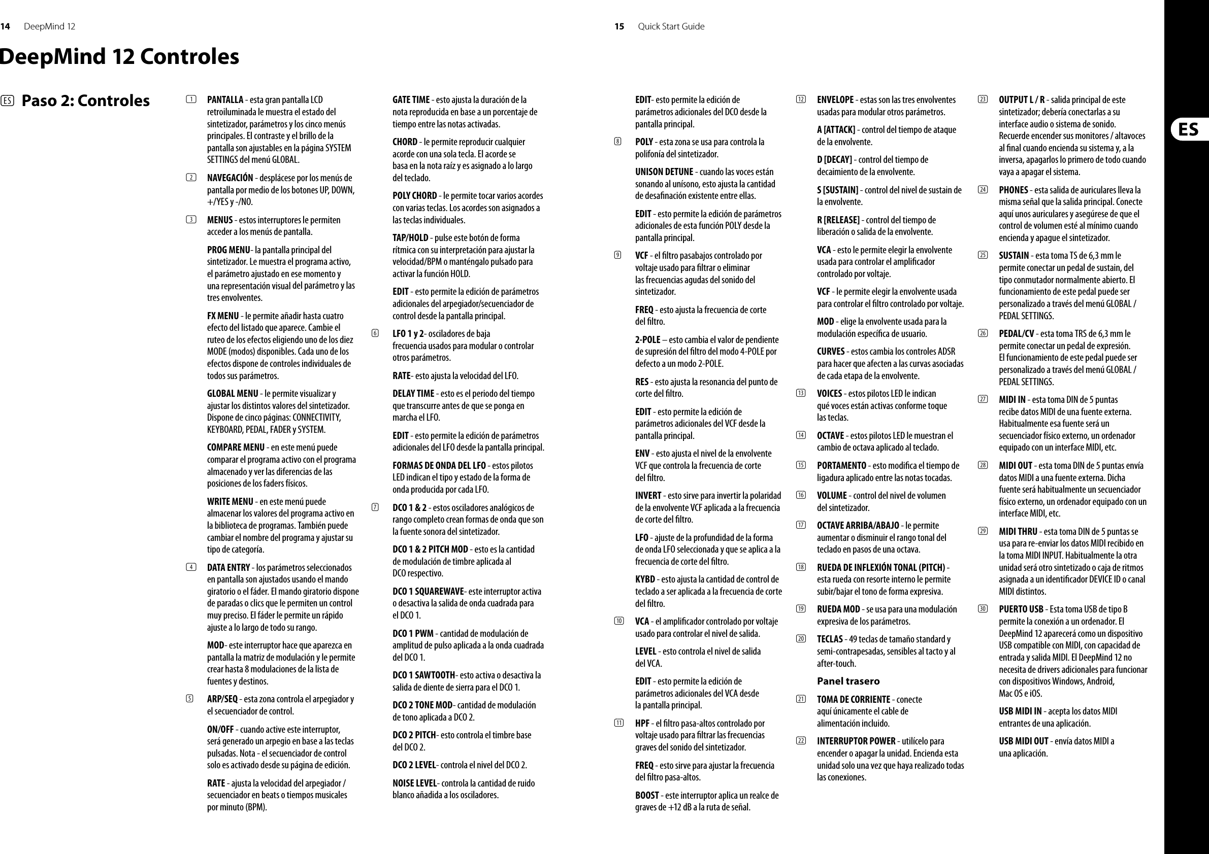 14 15DeepMind 12 Quick Start GuideDeepMind 12 Controles(ES)  Paso 2: Controles (1)  PANTALLA - esta gran pantalla LCD retroiluminada le muestra el estado del sintetizador, parámetros y los cinco menús principales. El contraste y el brillo de la pantalla son ajustables en la página SYSTEM SETTINGS del menú GLOBAL.(2)  NAVEGACIÓN - desplácese por los menús de pantalla por medio de los botones UP, DOWN, +/YES y -/NO. (3)  MENUS - estos interruptores le permiten acceder a los menús de pantalla.PROG MENU- la pantalla principal del sintetizador. Le muestra el programa activo, el parámetro ajustado en ese momento y una representación visual del parámetro y las tres envolventes.FX MENU - le permite añadir hasta cuatro efecto del listado que aparece. Cambie el ruteo de los efectos eligiendo uno de los diez MODE (modos) disponibles. Cada uno de los efectos dispone de controles individuales de todos sus parámetros. GLOBAL MENU - le permite visualizar y ajustar los distintos valores del sintetizador. Dispone de cinco páginas: CONNECTIVITY, KEYBOARD, PEDAL, FADER y SYSTEM. COMPARE MENU - en este menú puede comparar el programa activo con el programa almacenado y ver las diferencias de las posiciones de los faders físicos.WRITE MENU - en este menú puede almacenar los valores del programa activo en la biblioteca de programas. También puede cambiar el nombre del programa y ajustar su tipo de categoría. (4)  DATA ENTRY - los parámetros seleccionados en pantalla son ajustados usando el mando giratorio o el fáder. El mando giratorio dispone de paradas o clics que le permiten un control muy preciso. El fáder le permite un rápido ajuste a lo largo de todo su rango. MOD- este interruptor hace que aparezca en pantalla la matriz de modulación y le permite crear hasta 8 modulaciones de la lista de fuentes y destinos.(5)  ARP/SEQ - esta zona controla el arpegiador y el secuenciador de control.ON/OFF - cuando active este interruptor, será generado un arpegio en base a las teclas pulsadas. Nota - el secuenciador de control solo es activado desde su página de edición.RATE - ajusta la velocidad del arpegiador / secuenciador en beats o tiempos musicales por minuto (BPM).GATE TIME - esto ajusta la duración de la nota reproducida en base a un porcentaje de tiempo entre las notas activadas.CHORD - le permite reproducir cualquier acorde con una sola tecla. El acorde se basa en la nota raíz y es asignado a lo largo del teclado.POLY CHORD - le permite tocar varios acordes con varias teclas. Los acordes son asignados a las teclas individuales.TAP/HOLD - pulse este botón de forma rítmica con su interpretación para ajustar la velocidad/BPM o manténgalo pulsado para activar la función HOLD.EDIT - esto permite la edición de parámetros adicionales del arpegiador/secuenciador de control desde la pantalla principal.(6)  LFO 1 y 2- osciladores de baja frecuencia usados para modular o controlar otros parámetros.RATE- esto ajusta la velocidad del LFO.DELAY TIME - esto es el periodo del tiempo que transcurre antes de que se ponga en marcha el LFO.EDIT - esto permite la edición de parámetros adicionales del LFO desde la pantalla principal.FORMAS DE ONDA DEL LFO - estos pilotos LED indican el tipo y estado de la forma de onda producida por cada LFO.(7)  DCO 1 &amp; 2 - estos osciladores analógicos de rango completo crean formas de onda que son la fuente sonora del sintetizador.DCO 1 &amp; 2 PITCH MOD - esto es la cantidad de modulación de timbre aplicada al DCO respectivo.DCO 1 SQUAREWAVE- este interruptor activa o desactiva la salida de onda cuadrada para el DCO 1.DCO 1 PWM - cantidad de modulación de amplitud de pulso aplicada a la onda cuadrada del DCO 1.DCO 1 SAWTOOTH- esto activa o desactiva la salida de diente de sierra para el DCO 1.DCO 2 TONE MOD- cantidad de modulación de tono aplicada a DCO 2.DCO 2 PITCH- esto controla el timbre base del DCO 2.DCO 2 LEVEL- controla el nivel del DCO 2.NOISE LEVEL- controla la cantidad de ruido blanco añadida a los osciladores.EDIT- esto permite la edición de parámetros adicionales del DCO desde la pantalla principal.(8)  POLY - esta zona se usa para controla la polifonía del sintetizador.UNISON DETUNE - cuando las voces están sonando al unísono, esto ajusta la cantidad de desa nación existente entre ellas.EDIT - esto permite la edición de parámetros adicionales de esta función POLY desde la pantalla principal.(9)  VCF - el  ltro pasabajos controlado por voltaje usado para  ltrar o eliminar las frecuencias agudas del sonido del sintetizador.FREQ - esto ajusta la frecuencia de corte del  ltro.2-POLE – esto cambia el valor de pendiente de supresión del  ltro del modo 4-POLE por defecto a un modo 2-POLE.RES - esto ajusta la resonancia del punto de corte del  ltro.EDIT - esto permite la edición de parámetros adicionales del VCF desde la pantalla principal.ENV - esto ajusta el nivel de la envolvente VCF que controla la frecuencia de corte del  ltro.INVERT - esto sirve para invertir la polaridad de la envolvente VCF aplicada a la frecuencia de corte del  ltro.LFO - ajuste de la profundidad de la forma de onda LFO seleccionada y que se aplica a la frecuencia de corte del  ltro.KYBD - esto ajusta la cantidad de control de teclado a ser aplicada a la frecuencia de corte del  ltro.(10)  VCA - el ampli cador controlado por voltaje usado para controlar el nivel de salida.LEVEL - esto controla el nivel de salida del VCA.EDIT - esto permite la edición de parámetros adicionales del VCA desde la pantalla principal.(11)  HPF - el  ltro pasa-altos controlado por voltaje usado para  ltrar las frecuencias graves del sonido del sintetizador. FREQ - esto sirve para ajustar la frecuencia del  ltro pasa-altos.BOOST - este interruptor aplica un realce de graves de +12 dB a la ruta de señal.(12)  ENVELOPE - estas son las tres envolventes usadas para modular otros parámetros.A [ATTACK] - control del tiempo de ataque de la envolvente.D [DECAY] - control del tiempo de decaimiento de la envolvente.S [SUSTAIN] - control del nivel de sustain de la envolvente.R [RELEASE] - control del tiempo de liberación o salida de la envolvente.VCA - esto le permite elegir la envolvente usada para controlar el ampli cador controlado por voltaje.VCF - le permite elegir la envolvente usada para controlar el  ltro controlado por voltaje.MOD - elige la envolvente usada para la modulación especí ca de usuario.CURVES - estos cambia los controles ADSR para hacer que afecten a las curvas asociadas de cada etapa de la envolvente.(13)  VOICES - estos pilotos LED le indican qué voces están activas conforme toque las teclas.(14)  OCTAVE - estos pilotos LED le muestran el cambio de octava aplicado al teclado.(15)  PORTAMENTO - esto modi ca el tiempo de ligadura aplicado entre las notas tocadas.(16)  VOLUME - control del nivel de volumen del sintetizador.(17)  OCTAVE ARRIBA/ABAJO - le permite aumentar o disminuir el rango tonal del teclado en pasos de una octava.(18)  RUEDA DE INFLEXIÓN TONAL (PITCH) - esta rueda con resorte interno le permite subir/bajar el tono de forma expresiva.(19)  RUEDA MOD - se usa para una modulación expresiva de los parámetros.(20)  TECLAS - 49 teclas de tamaño standard y semi-contrapesadas, sensibles al tacto y al after-touch.Panel trasero(21)  TOMA DE CORRIENTE - conecte aquí únicamente el cable de alimentación incluido. (22)  INTERRUPTOR POWER - utilícelo para encender o apagar la unidad. Encienda esta unidad solo una vez que haya realizado todas las conexiones. (23)  OUTPUT L / R - salida principal de este sintetizador; debería conectarlas a su interface audio o sistema de sonido. Recuerde encender sus monitores / altavoces al  nal cuando encienda su sistema y, a la inversa, apagarlos lo primero de todo cuando vaya a apagar el sistema.(24)  PHONES - esta salida de auriculares lleva la misma señal que la salida principal. Conecte aquí unos auriculares y asegúrese de que el control de volumen esté al mínimo cuando encienda y apague el sintetizador.(25)  SUSTAIN - esta toma TS de 6,3 mm le permite conectar un pedal de sustain, del tipo conmutador normalmente abierto. El funcionamiento de este pedal puede ser personalizado a través del menú GLOBAL / PEDAL SETTINGS. (26)  PEDAL/CV - esta toma TRS de 6,3 mm le permite conectar un pedal de expresión. El funcionamiento de este pedal puede ser personalizado a través del menú GLOBAL / PEDAL SETTINGS. (27)  MIDI IN - esta toma DIN de 5 puntas recibe datos MIDI de una fuente externa. Habitualmente esa fuente será un secuenciador físico externo, un ordenador equipado con un interface MIDI, etc. (28)  MIDI OUT - esta toma DIN de 5 puntas envía datos MIDI a una fuente externa. Dicha fuente será habitualmente un secuenciador físico externo, un ordenador equipado con un interface MIDI, etc. (29)  MIDI THRU - esta toma DIN de 5 puntas se usa para re-enviar los datos MIDI recibido en la toma MIDI INPUT. Habitualmente la otra unidad será otro sintetizado o caja de ritmos asignada a un identi cador DEVICE ID o canal MIDI distintos.(30)  PUERTO USB - Esta toma USB de tipo B permite la conexión a un ordenador. El DeepMind 12 aparecerá como un dispositivo USB compatible con MIDI, con capacidad de entrada y salida MIDI. El DeepMind 12 no necesita de drivers adicionales para funcionar con dispositivos Windows, Android, Mac OS e iOS.USB MIDI IN - acepta los datos MIDI entrantes de una aplicación.USB MIDI OUT - envía datos MIDI a una aplicación.