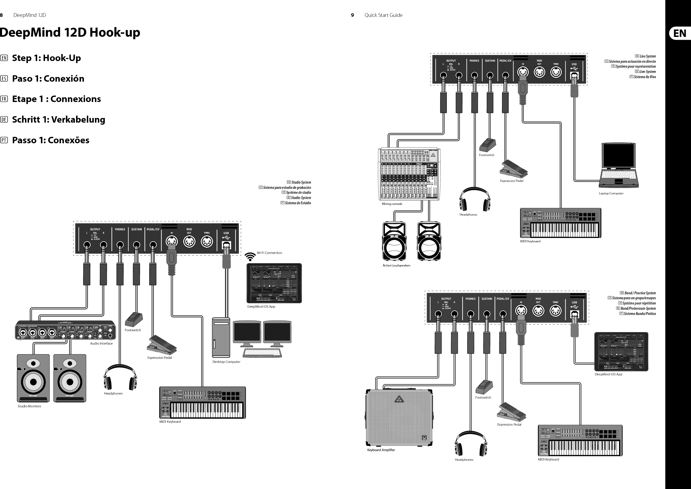 8 9DeepMind 12D Quick Start GuideDeepMind 12D Hook-up(EN)  Step 1: Hook-Up(ES)  Paso 1: Conexión(FR)  Etape 1 : Connexions(DE) Schritt 1: Verkabelung(PT)  Passo 1: Conexões(EN) Live System(ES) Sistema para actuación en directo(FR) Système pour représentation(DE) Live-System(PT) Sistema Ao Vivo(EN) Band / Practice System(ES) Sistema para un grupo/ensayos(FR) Système pour répétition(DE) Band/Proberaum-System(PT) Sistema Banda/Prática(EN) Studio System(ES) Sistema para estudio de grabación(FR) Système de studio(DE) Studio-System(PT) Sistema de EstúdioOUTPUT2CVNORMOUTPUT1MIN VOL100Desktop ComputerMIDI KeyboardExpression PedalHeadphonesStudio MonitorsAudio InterfaceFootswitchDeepMind iOS AppWi-Fi ConnectionOUTPUT2CVNORMOUTPUT1MIN VOL100Mixing consoleActive LoudspeakersLaptop ComputerMIDI KeyboardExpression PedalHeadphonesFootswitchExpression PedalHeadphonesFootswitchDeepMind iOS AppDeepMind iOS AppOUTPUT2CVNORMOUTPUT1MIN VOL100MIDI Keyboard