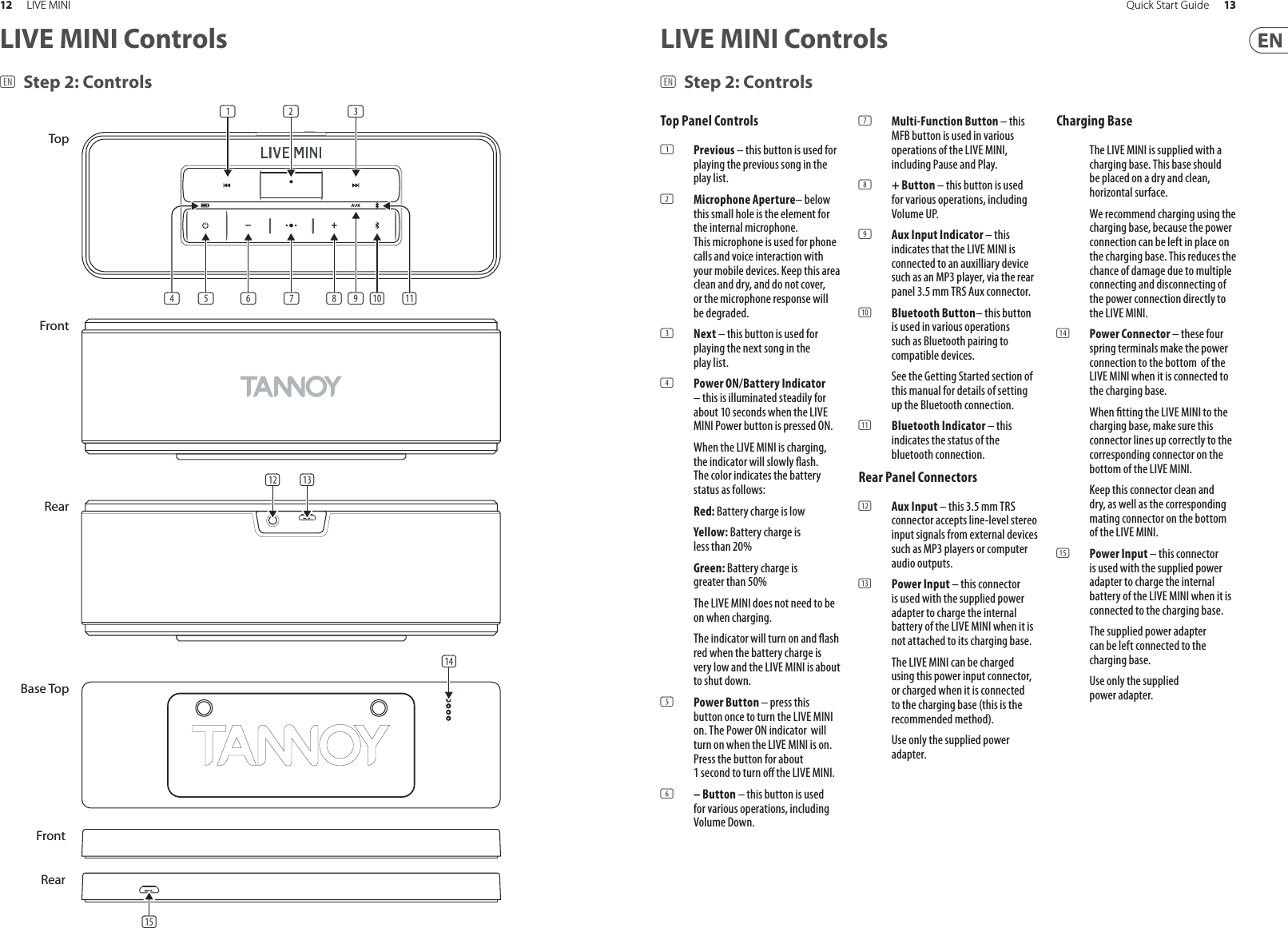 12 LIVE MINI 13Quick Start Guide(EN) Step 2: ControlsLIVE MINI Controls LIVE MINI Controls(EN) Step 2: ControlsTop Panel Controls(1)  Previous – this button is used for playing the previous song in the play list.(2)  Microphone Aperture– below this small hole is the element for the internal microphone. This microphone is used for phone calls and voice interaction with your mobile devices. Keep this area clean and dry, and do not cover, or the microphone response will be degraded.(3)  Next – this button is used for playing the next song in the play list.(4)  Power ON/Battery Indicator – this is illuminated steadily for about 10 seconds when the LIVE MINI Power button is pressed ON. When the LIVE MINI is charging, the indicator will slowly  ash. The color indicates the battery status as follows:Red: Battery charge is lowYellow: Battery charge is less than 20%Green: Battery charge is greater than 50% The LIVE MINI does not need to be on when charging.The indicator will turn on and  ash red when the battery charge is very low and the LIVE MINI is about to shut down.(5)  Power Button – press this button once to turn the LIVE MINI on. The Power ON indicator  will turn on when the LIVE MINI is on. Press the button for about 1 second to turn o  the LIVE MINI.(6)  – Button – this button is used for various operations, including Volume Down.(7)  Multi-Function Button – this MFB button is used in various operations of the LIVE MINI, including Pause and Play.(8)  + Button – this button is used for various operations, including Volume UP.(9)  Aux Input Indicator – this indicates that the LIVE MINI is connected to an auxilliary device such as an MP3 player, via the rear panel 3.5 mm TRS Aux connector.(10)  Bluetooth Button– this button is used in various operations such as Bluetooth pairing to compatible devices.See the Getting Started section of this manual for details of setting up the Bluetooth connection.(11)  Bluetooth Indicator – this indicates the status of the bluetooth connection.Rear Panel Connectors(12)  Aux Input – this 3.5 mm TRS connector accepts line-level stereo input signals from external devices such as MP3 players or computer audio outputs.(13)  Power Input – this connector is used with the supplied power adapter to charge the internal battery of the LIVE MINI when it is not attached to its charging base.The LIVE MINI can be charged using this power input connector, or charged when it is connected to the charging base (this is the recommended method).Use only the supplied power adapter.Charging BaseThe LIVE MINI is supplied with a charging base. This base should be placed on a dry and clean, horizontal surface.We recommend charging using the charging base, because the power connection can be left in place on the charging base. This reduces the chance of damage due to multiple connecting and disconnecting of the power connection directly to the LIVE MINI.(14)  Power Connector – these four spring terminals make the power connection to the bottom  of the LIVE MINI when it is connected to the charging base.When  tting the LIVE MINI to the charging base, make sure this connector lines up correctly to the corresponding connector on the bottom of the LIVE MINI.Keep this connector clean and dry, as well as the corresponding mating connector on the bottom of the LIVE MINI.(15)  Power Input – this connector is used with the supplied power adapter to charge the internal battery of the LIVE MINI when it is connected to the charging base.The supplied power adapter can be left connected to the charging base.Use only the supplied power adapter.TopFrontRearRearFront(12) (13)(1) (2) (3)Base Top(14)(15)(4) (5) (6) (7) (8) (9) (10) (11)