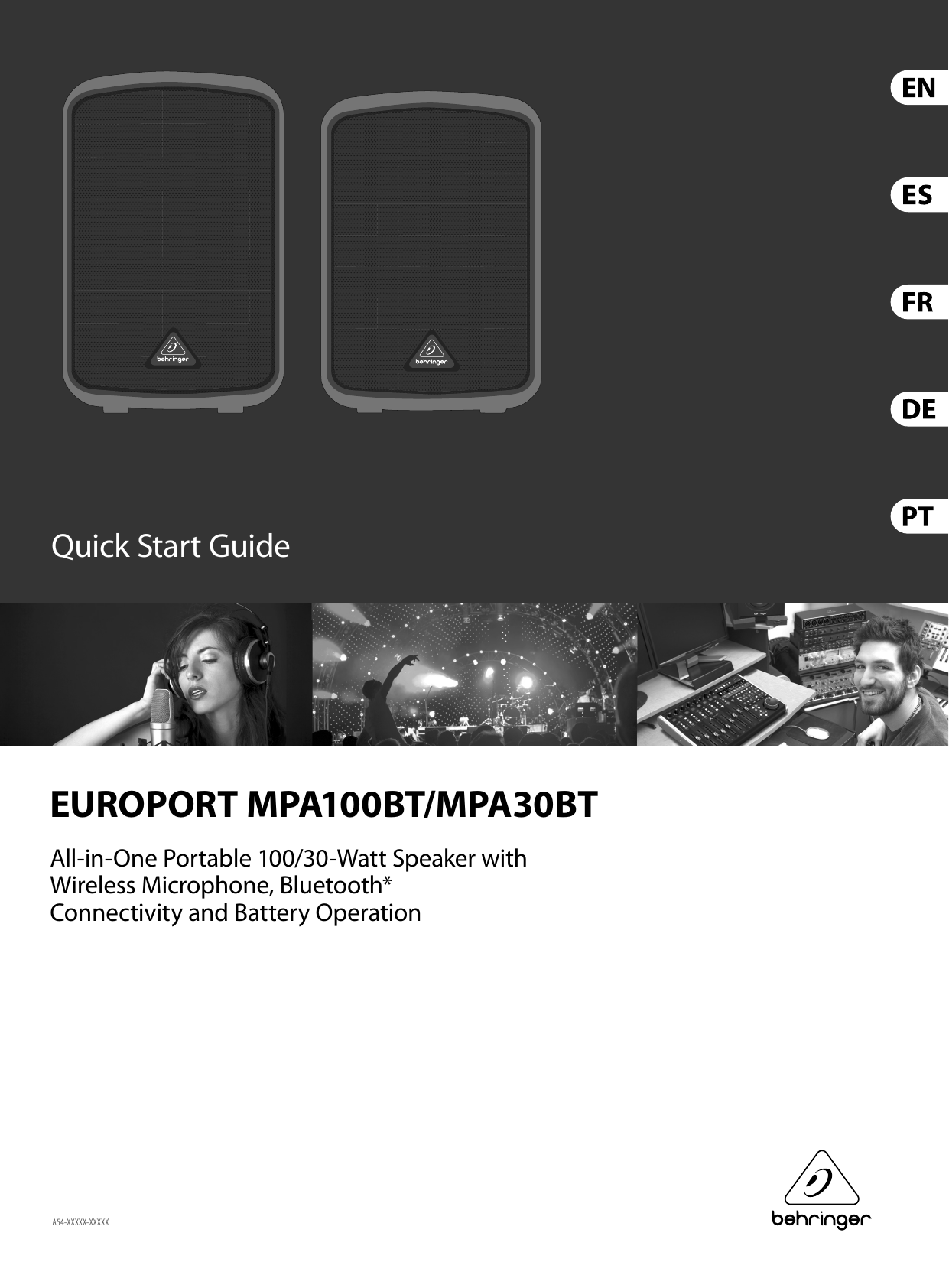 Quick Start GuideEUROPORT MPA100BT/MPA30BTAll-in-One Portable 100/30-Watt Speaker with Wireless Microphone, Bluetooth* Connectivity and Battery OperationA54-XXXXX-XXXXX