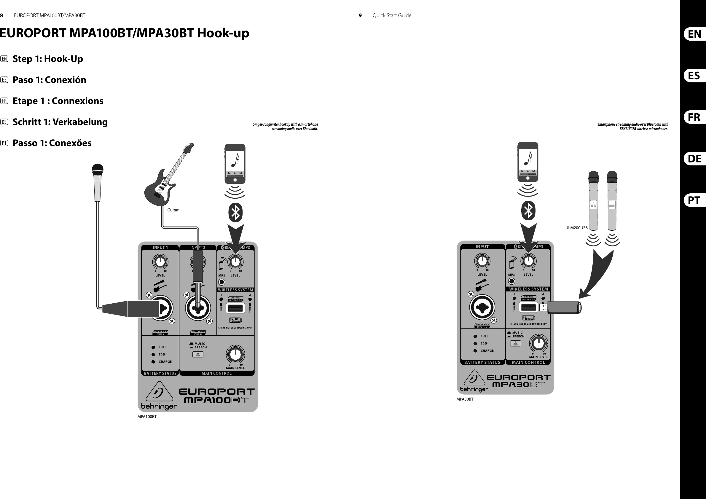 8 9 Quick Start GuideEUROPORT MPA100BT/MPA30BTEUROPORT MPA100BT/MPA30BT Hook-up(EN)  Step 1: Hook-Up(ES)  Paso 1: Conexión(FR)  Etape 1 : Connexions(DE) Schritt 1: Verkabelung(PT)  Passo 1: ConexõesSinger-songwriter hookup with a smartphone streaming audio over Bluetooth.Smartphone streaming audio over Bluetooth with BEHRINGER wireless microphones.GuitarMPA100BTGuitarMPA30BTULM200USB