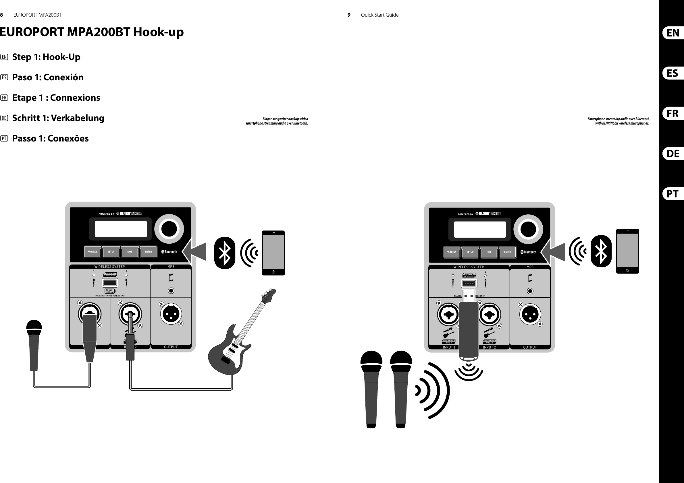 8 9EUROPORT MPA200BT Quick Start GuideEUROPORT MPA200BT Hook-up(EN)  Step 1: Hook-Up(ES)  Paso 1: Conexión(FR)  Etape 1 : Connexions(DE) Schritt 1: Verkabelung(PT)  Passo 1: ConexõesSinger-songwriter hookup with a smartphone streaming audio over Bluetooth.Smartphone streaming audio over Bluetooth with BEHRINGER wireless microphones.