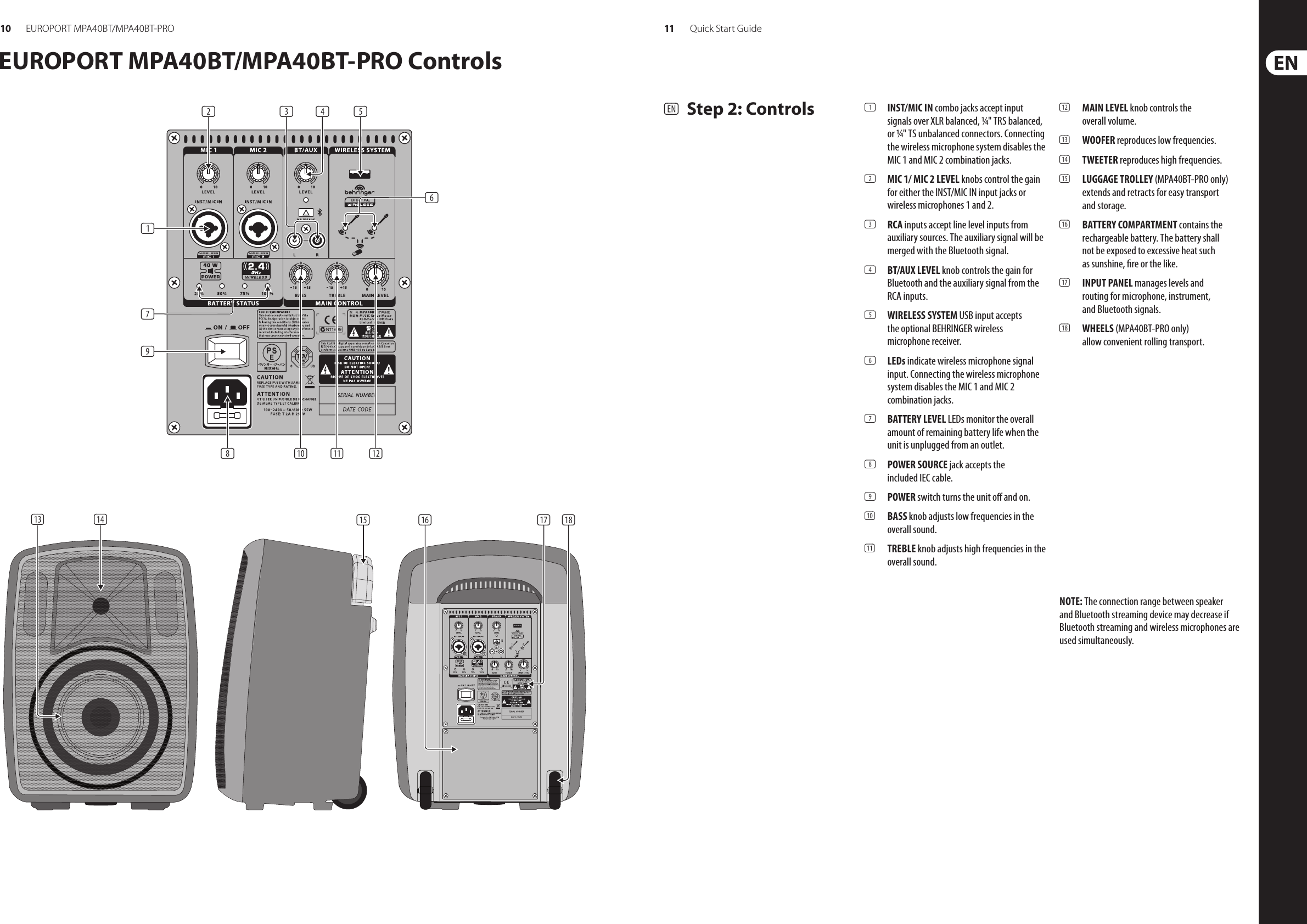 10 11EUROPORT MPA40BT/MPA40BT-PRO Quick Start GuideEUROPORT MPA40BT/MPA40BT-PRO Controls(1)(5)(10)(2)(9)(11) (12)(7)(8)(6)(3) (4) (EN) Step 2: Controls (1) INST/MIC IN combo jacks accept input signals over XLR balanced, ¼&quot; TRS balanced, or ¼&quot; TS unbalanced connectors. Connecting the wireless microphone system disables the MIC 1 and MIC 2 combination jacks.(2) MIC 1/ MIC 2 LEVEL knobs control the gain for either the INST/MIC IN input jacks or wireless microphones 1 and 2.(3) RCA inputs accept line level inputs from auxiliary sources. The auxiliary signal will be merged with the Bluetooth signal.(4) BT/AUX LEVEL knob controls the gain for Bluetooth and the auxiliary signal from the RCA inputs.(5) WIRELESS SYSTEM USB input accepts the optional BEHRINGER wireless microphone receiver.(6) LEDs indicate wireless microphone signal input. Connecting the wireless microphone system disables the MIC 1 and MIC 2 combination jacks.(7) BATTERY LEVEL LEDs monitor the overall amount of remaining battery life when the unit is unplugged from an outlet.(8) POWER SOURCE jack accepts the included IEC cable.(9) POWER switch turns the unit o and on.(10) BASS knob adjusts low frequencies in the overall sound.(11) TREBLE knob adjusts high frequencies in the overall sound.(12) MAIN LEVEL knob controls the overall volume.(13) WOOFER reproduces low frequencies.(14) TWEETER reproduces high frequencies.(15) LUGGAGE TROLLEY (MPA40BT-PRO only) extends and retracts for easy transport and storage.(16) BATTERY COMPARTMENT contains the rechargeable battery. The battery shall not be exposed to excessive heat such as sunshine, re or the like.(17) INPUT PANEL manages levels and routing for microphone, instrument, and Bluetooth signals.(18) WHEELS (MPA40BT-PRO only) allow convenient rolling transport.(15) (16)(13) (14) (17) (18)NOTE: The connection range between speaker and Bluetooth streaming device may decrease if Bluetooth streaming and wireless microphones are used simultaneously.