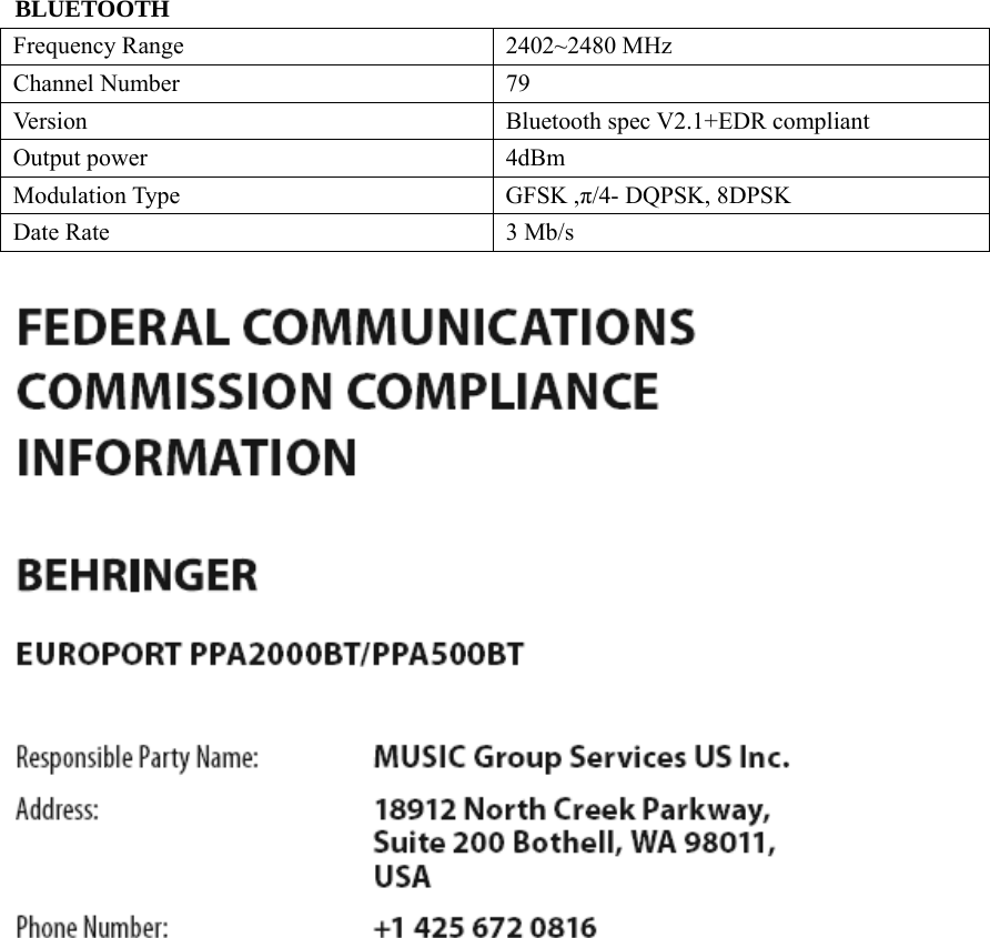 BLUETOOTH   Frequency Range  2402~2480 MHz Channel Number  79 Version Bluetooth spec V2.1+EDR compliant Output power  4dBm Modulation Type  GFSK ,π/4- DQPSK, 8DPSK Date Rate  3 Mb/s    