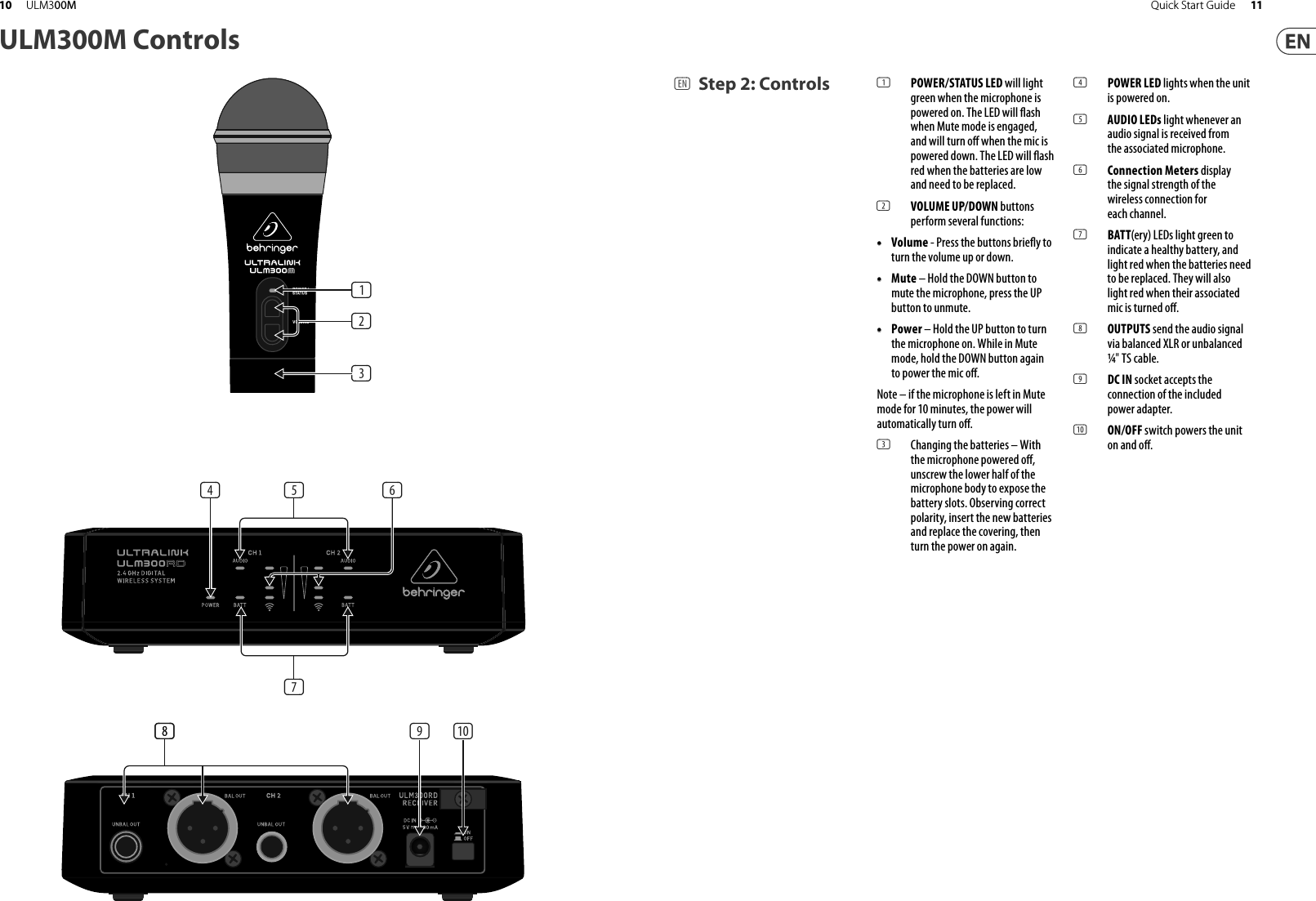 ULM300M Controls(1)(3)(2)(1)  POWER/STATUS LED will light green when the microphone is powered on. The LED will  ash when Mute mode is engaged, and will turn o  when the mic is powered down. The LED will  ash red when the batteries are low and need to be replaced.(2)  VOLUME UP/DOWN buttons perform several functions:• •  Volume - Press the buttons brie y toturn the volume up or down.• •  Mute – Hold the DOWN button tomute the microphone, press the UPbutton to unmute.• •  Power – Hold the UP button to turn the microphone on. While in Mute mode, hold the DOWN button again to power the mic o . Note – if the microphone is left in Mute mode for 10 minutes, the power will automatically turn o .(3)  Changing the batteries – With the microphone powered o , unscrew the lower half of the microphone body to expose the battery slots. Observing correct polarity, insert the new batteries and replace the covering, then turn the power on again.(4)  POWER LED lights when the unit is powered on. (5)  AUDIO LEDs light whenever an audio signal is received from the associated microphone.(6)  Connection Meters display the signal strength of the wireless connection for each channel.(7)  BATT(ery) LEDs light green to indicate a healthy battery, and light red when the batteries need to be replaced. They will also light red when their associated mic is turned o . (8)  OUTPUTS send the audio signal via balanced XLR or unbalanced ¼&quot; TS cable. (9)  DC IN socket accepts the connection of the included power adapter. (10)  ON/OFF switch powers the unit on and o . (8)(8)(4) (6)(7)(5)(9) (10)(EN) Step 2: Controls11Quick Start Guide10 ULM300M