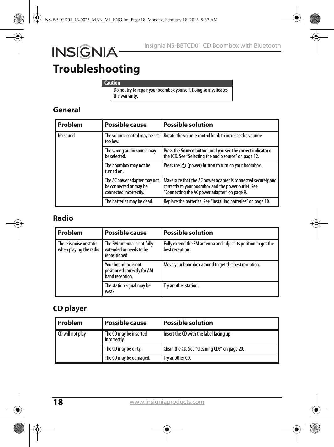 18Insignia NS-BBTCD01 CD Boombox with Bluetoothwww.insigniaproducts.comTroubleshootingGeneralRadioCD playerCautionDo not try to repair your boombox yourself. Doing so invalidates the warranty.Problem Possible cause Possible solutionNo sound The volume control may be set too low.Rotate the volume control knob to increase the volume.The wrong audio source may be selected.Press the Source button until you see the correct indicator on the LCD. See “Selecting the audio source” on page 12.The boombox may not be turned on.Press the   (power) button to turn on your boombox.The AC power adapter may not be connected or may be connected incorrectly.Make sure that the AC power adapter is connected securely and correctly to your boombox and the power outlet. See “Connecting the AC power adapter” on page 9.The batteries may be dead. Replace the batteries. See “Installing batteries” on page 10.Problem Possible cause Possible solutionThere is noise or static when playing the radioThe FM antenna is not fully extended or needs to be repositioned.Fully extend the FM antenna and adjust its position to get the best reception.Your boombox is not positioned correctly for AM band reception.Move your boombox around to get the best reception.The station signal may be weak.Try another station.Problem Possible cause Possible solutionCD will not play The CD may be inserted incorrectly.Insert the CD with the label facing up.The CD may be dirty. Clean the CD. See “Cleaning CDs” on page 20.The CD may be damaged. Try another CD.NS-BBTCD01_13-0025_MAN_V1_ENG.fm  Page 18  Monday, February 18, 2013  9:37 AM