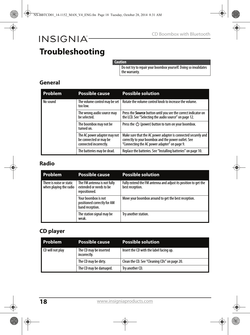 18CD Boombox with Bluetoothwww.insigniaproducts.comTroubleshootingGeneralRadioCD playerCautionDo not try to repair your boombox yourself. Doing so invalidates the warranty.Problem Possible cause Possible solutionNo sound The volume control may be set too low.Rotate the volume control knob to increase the volume.The wrong audio source may be selected.Press the Source button until you see the correct indicator on the LCD. See “Selecting the audio source” on page 12.The boombox may not be turned on.Press the   (power) button to turn on your boombox.The AC power adapter may not be connected or may be connected incorrectly.Make sure that the AC power adapter is connected securely and correctly to your boombox and the power outlet. See “Connecting the AC power adapter” on page 9.The batteries may be dead. Replace the batteries. See “Installing batteries” on page 10.Problem Possible cause Possible solutionThere is noise or static when playing the radioThe FM antenna is not fully extended or needs to be repositioned.Fully extend the FM antenna and adjust its position to get the best reception.Your boombox is not positioned correctly for AM band reception.Move your boombox around to get the best reception.The station signal may be weak.Try another station.Problem Possible cause Possible solutionCD will not play The CD may be inserted incorrectly.Insert the CD with the label facing up.The CD may be dirty. Clean the CD. See “Cleaning CDs” on page 20.The CD may be damaged. Try another CD.NS-BBTCD01_14-1152_MAN_V4_ENG.fm  Page 18  Tuesday, October 28, 2014  8:31 AM