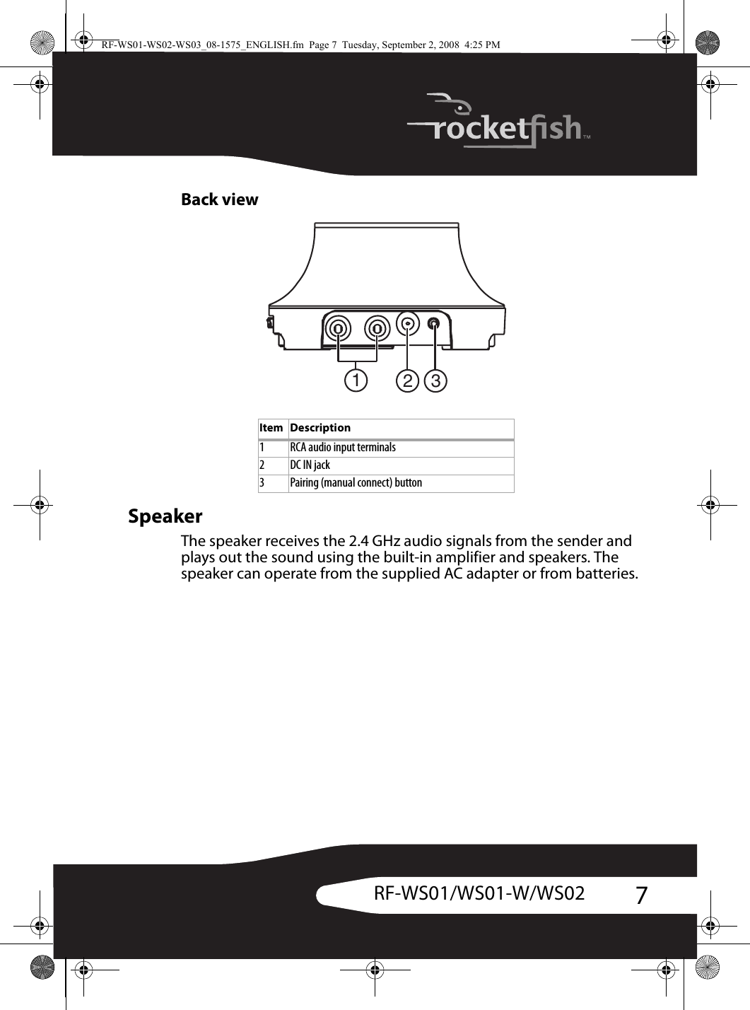 7RF-WS01/WS01-W/WS02Back viewSpeakerThe speaker receives the 2.4 GHz audio signals from the sender and plays out the sound using the built-in amplifier and speakers. The speaker can operate from the supplied AC adapter or from batteries.Item Description1RCA audio input terminals2DC IN jack3 Pairing (manual connect) button12 3RF-WS01-WS02-WS03_08-1575_ENGLISH.fm  Page 7  Tuesday, September 2, 2008  4:25 PM