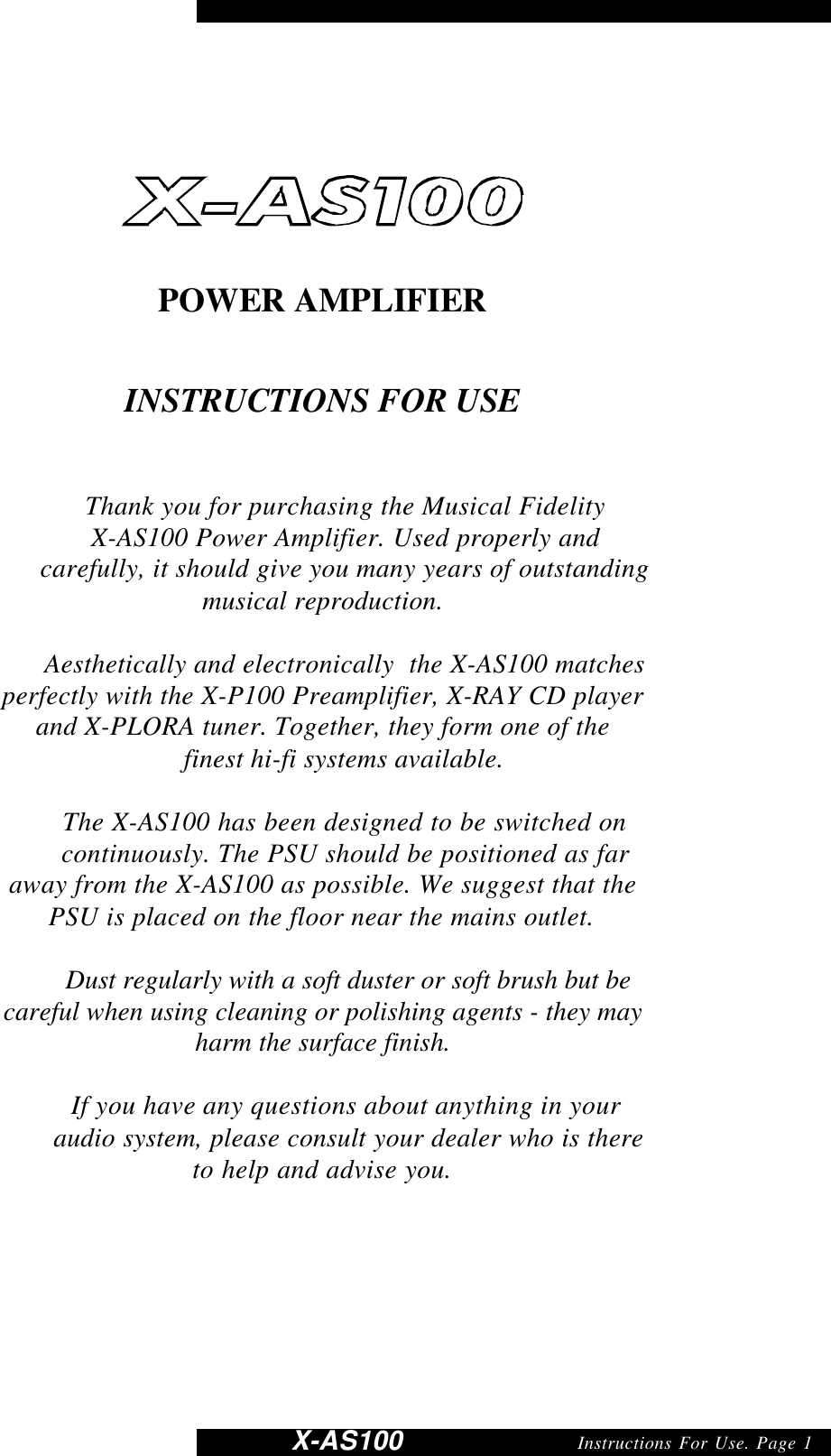 Page 1 of 9 - Musical-Fidelity Musical-Fidelity-X-As100-Users-Manual- C  Musical-fidelity-x-as100-users-manual