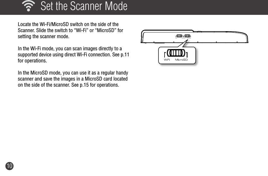 10  Set the Scanner ModeLocate the Wi-Fi/MicroSD switch on the side of the Scanner. Slide the switch to “Wi-Fi” or “MicroSD” for setting the scanner mode. In the Wi-Fi mode, you can scan images directly to a supported device using direct Wi-Fi connection. See p.11 for operations.In the MicroSD mode, you can use it as a regular handy scanner and save the images in a MicroSD card located on the side of the scanner. See p.15 for operations.