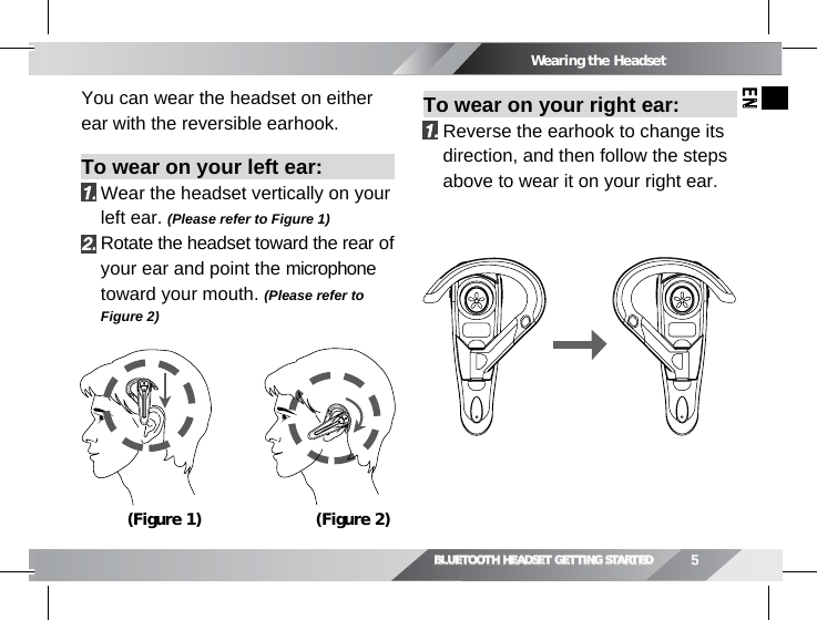 Wearing the HeadsetTo wear on your right ear: Reverse the earhook to change its   direction, and then follow the steps    above to wear it on your right ear. (Figure 1) (Figure 2)5BLUETOOTH HEADSET GETTING STARTEDBLUETOOTH HEADSET GETTING STARTED  Wearing the HeadsetENYou can wear the headset on either ear with the reversible earhook.To wear on your left ear: Wear the headset vertically on your    left ear. (Please refer to Figure 1) Rotate the headset toward the rear of  your ear and point the microphone   toward your mouth. (Please refer to   Figure 2)