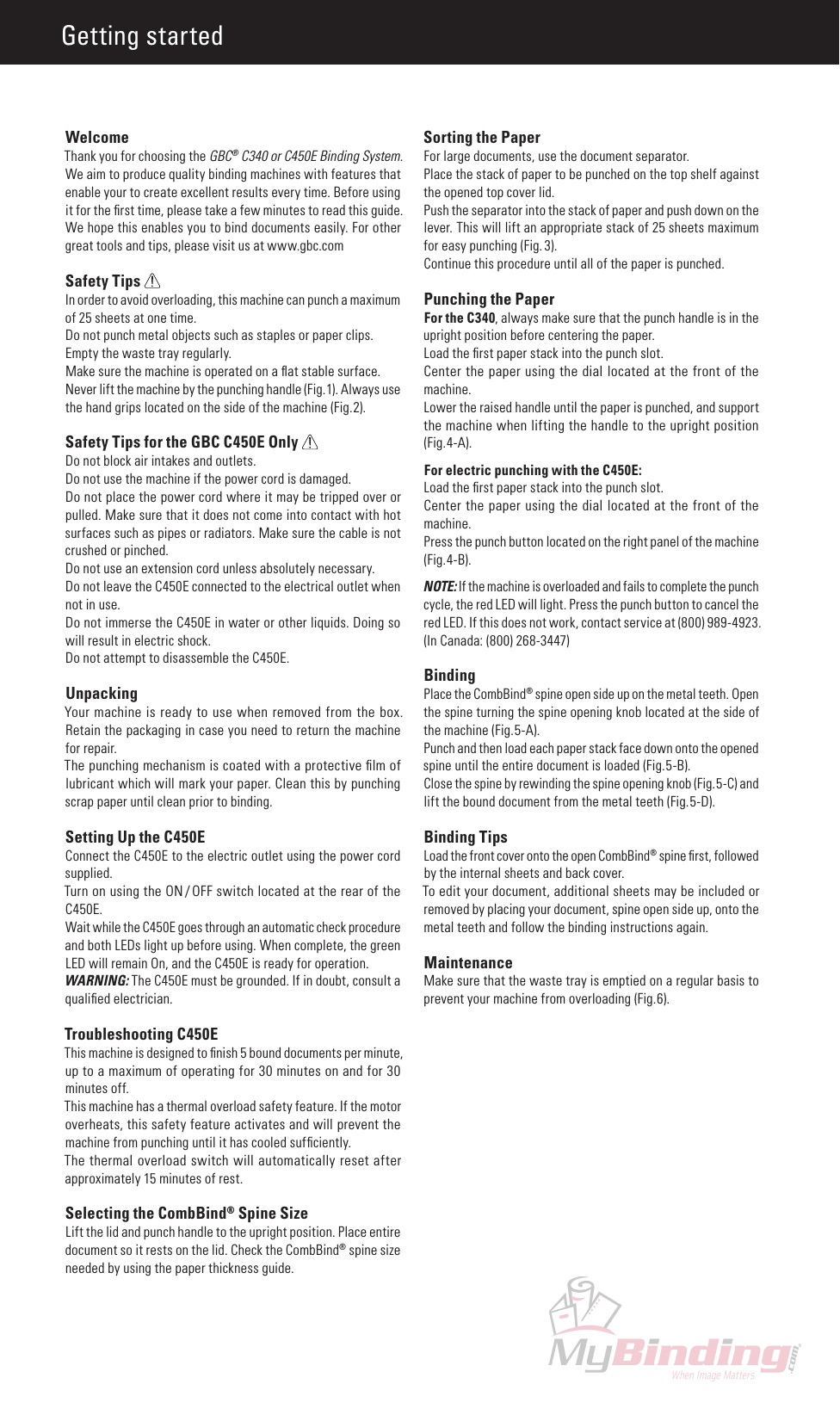 MyBinding Gbc C340 C450E Comb Binding Machine Users Manual User
