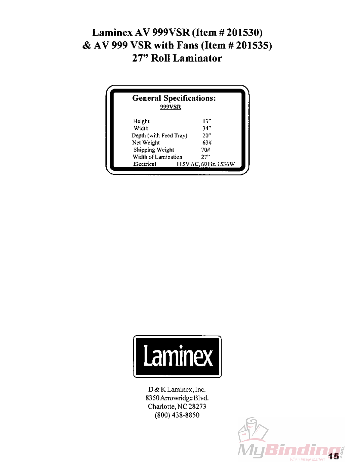 MyBinding Laminex Av Vsr Series Lam Manual User