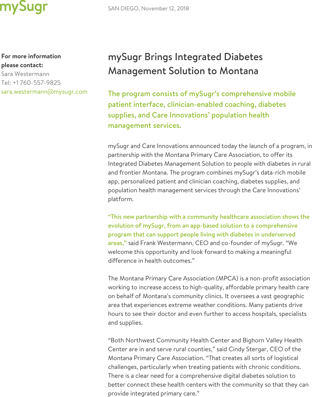 Page 1 of 2 - MySugr_Press_Release_Montanax  My Sugr Press Release Montana