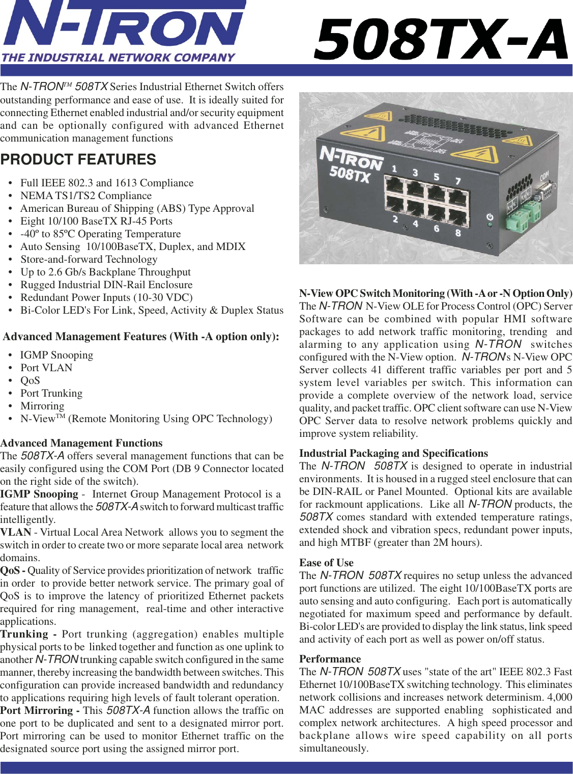 Page 1 of 2 - N-Tron N-Tron-508Tx-A-Users-Manual- NTRON 508TX-A Data Sheet  N-tron-508tx-a-users-manual