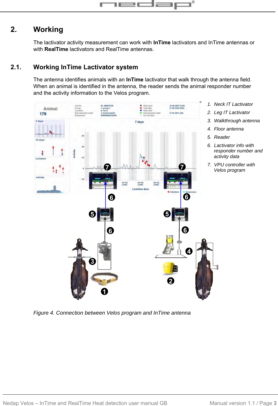  Nedap Velos – InTime and RealTime Heat detection user manual GB                            Manual version 1.1 / Page 3  2. Working The lactivator activity measurement can work with InTime lactivators and InTime antennas or with RealTime lactivators and RealTime antennas. 2.1.  Working InTime Lactivator system The antenna identifies animals with an InTime lactivator that walk through the antenna field. When an animal is identified in the antenna, the reader sends the animal responder number and the activity information to the Velos program.               1.  Neck IT Lactivator 2.  Leg IT Lactivator 3.  Walkthrough antenna 4.  Floor antenna 5.  Reader 6.  Lactivator info with responder number and activity data 7.  VPU controller with Velos program    Figure 4. Connection between Velos program and InTime antenna  5 4 7 5 3 7 6 126 6 6 