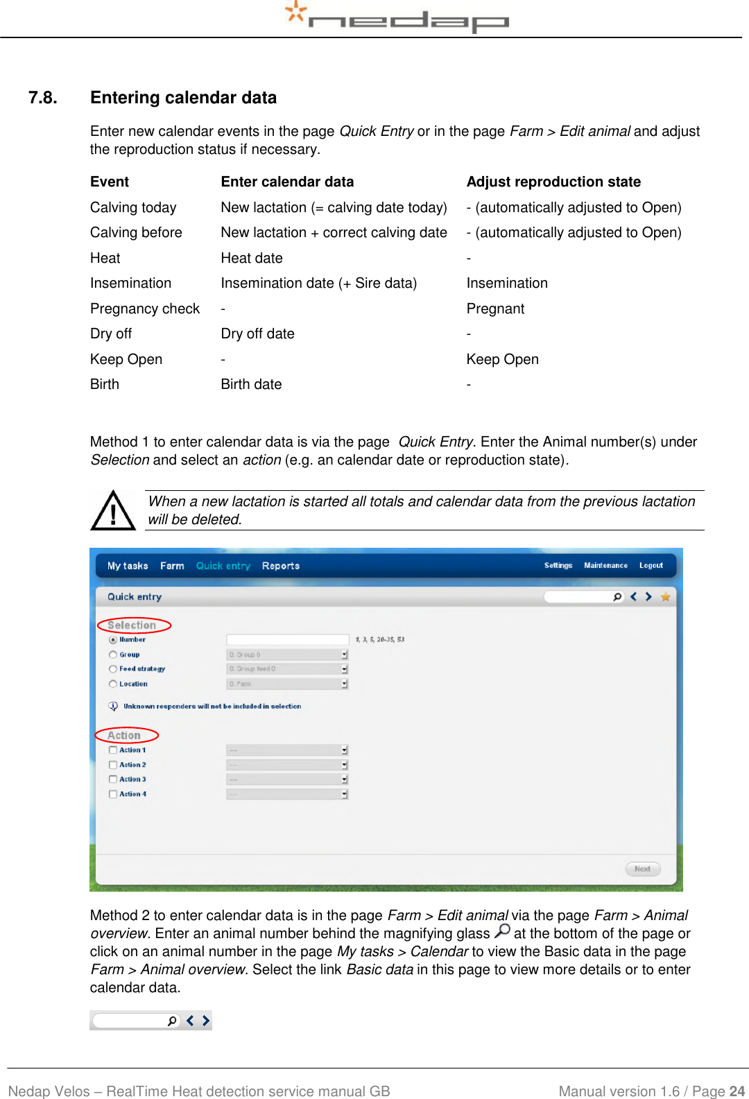  Nedap Velos – RealTime Heat detection service manual GB                            Manual version 1.6 / Page 24  7.8.  Entering calendar data Enter new calendar events in the page Quick Entry or in the page Farm &gt; Edit animal and adjust the reproduction status if necessary.  Event Enter calendar data Adjust reproduction state Calving today New lactation (= calving date today) - (automatically adjusted to Open) Calving before New lactation + correct calving date - (automatically adjusted to Open) Heat Heat date - Insemination Insemination date (+ Sire data) Insemination  Pregnancy check - Pregnant Dry off Dry off date - Keep Open - Keep Open Birth Birth date -  Method 1 to enter calendar data is via the page  Quick Entry. Enter the Animal number(s) under Selection and select an action (e.g. an calendar date or reproduction state).     When a new lactation is started all totals and calendar data from the previous lactation will be deleted.   Method 2 to enter calendar data is in the page Farm &gt; Edit animal via the page Farm &gt; Animal overview. Enter an animal number behind the magnifying glass   at the bottom of the page or click on an animal number in the page My tasks &gt; Calendar to view the Basic data in the page Farm &gt; Animal overview. Select the link Basic data in this page to view more details or to enter calendar data.  