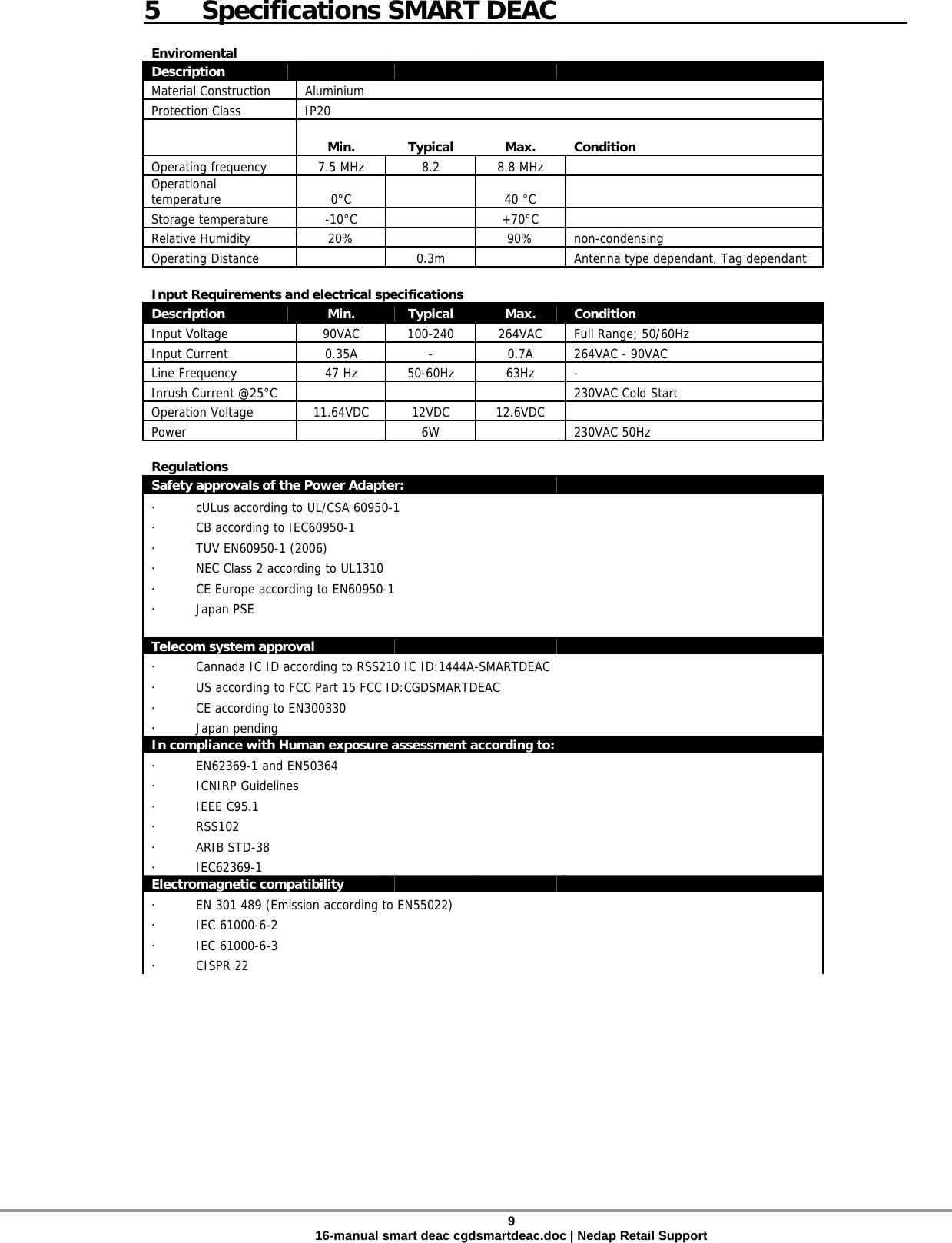  5  Specifications SMART DEAC  Enviromental      Description             Material Construction  Aluminium Protection Class  IP20                   Min.  Typical  Max.  Condition Operating frequency  7.5 MHz  8.2  8.8 MHz    Operational temperature  0°C     40 °C    Storage temperature  -10°C     +70°C    Relative Humidity  20%     90%  non-condensing Operating Distance     0.3m     Antenna type dependant, Tag dependant      Input Requirements and electrical specifications       Description  Min.  Typical  Max.  Condition Input Voltage  90VAC  100-240  264VAC  Full Range; 50/60Hz Input Current  0.35A  -  0.7A  264VAC - 90VAC Line Frequency  47 Hz  50-60Hz  63Hz  - Inrush Current @25°C           230VAC Cold Start Operation Voltage  11.64VDC  12VDC  12.6VDC    Power     6W     230VAC 50Hz      Regulations     Safety approvals of the Power Adapter:       ·          cULus according to UL/CSA 60950-1 ·          CB according to IEC60950-1  ·          TUV EN60950-1 (2006)  ·          NEC Class 2 according to UL1310 ·          CE Europe according to EN60950-1  ·          Japan PSE   Telecom system approval          ·          Cannada IC ID according to RSS210 IC ID:1444A-SMARTDEAC ·          US according to FCC Part 15 FCC ID:CGDSMARTDEAC ·          CE according to EN300330 ·          Japan pending In compliance with Human exposure assessment according to: ·          EN62369-1 and EN50364 ·          ICNIRP Guidelines ·          IEEE C95.1 ·          RSS102 ·          ARIB STD-38 ·          IEC62369-1 Electromagnetic compatibility           ·          EN 301 489 (Emission according to EN55022) ·          IEC 61000-6-2 ·          IEC 61000-6-3 ·          CISPR 22  9 16-manual smart deac cgdsmartdeac.doc | Nedap Retail Support 