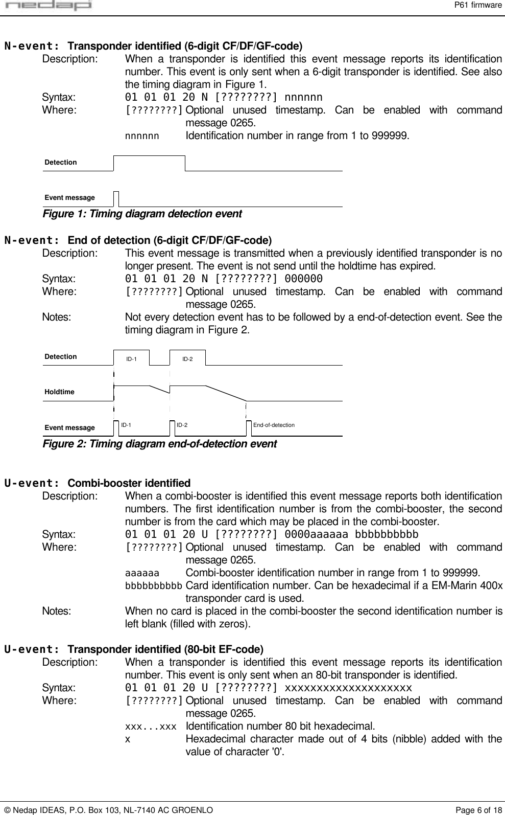 P61 firmware&copy; Nedap IDEAS, P.O. Box 103, NL-7140 AC GROENLO Page 6 of 18N-event: Transponder identified (6-digit CF/DF/GF-code)Description: When a transponder is identified this event message reports its identificationnumber. This event is only sent when a 6-digit transponder is identified. See alsothe timing diagram in Figure 1.Syntax: 01 01 01 20 N [????????] nnnnnnWhere: [????????]Optional unused timestamp. Can be enabled with commandmessage 0265.nnnnnn Identification number in range from 1 to 999999.DetectionEvent messageFigure 1: Timing diagram detection eventN-event: End of detection (6-digit CF/DF/GF-code)Description: This event message is transmitted when a previously identified transponder is nolonger present. The event is not send until the holdtime has expired.Syntax: 01 01 01 20 N [????????] 000000Where: [????????]Optional unused timestamp. Can be enabled with commandmessage 0265.Notes: Not every detection event has to be followed by a end-of-detection event. See thetiming diagram in Figure 2.DetectionHoldtimeEvent messageID-1 ID-2ID-1 ID-2 End-of-detectionFigure 2: Timing diagram end-of-detection eventU-event: Combi-booster identifiedDescription: When a combi-booster is identified this event message reports both identificationnumbers. The first identification number is from the combi-booster, the secondnumber is from the card which may be placed in the combi-booster.Syntax: 01 01 01 20 U [????????] 0000aaaaaa bbbbbbbbbbWhere: [????????]Optional unused timestamp. Can be enabled with commandmessage 0265.aaaaaa Combi-booster identification number in range from 1 to 999999.bbbbbbbbbb Card identification number. Can be hexadecimal if a EM-Marin 400xtransponder card is used.Notes: When no card is placed in the combi-booster the second identification number isleft blank (filled with zeros).U-event: Transponder identified (80-bit EF-code)Description: When a transponder is identified this event message reports its identificationnumber. This event is only sent when an 80-bit transponder is identified.Syntax: 01 01 01 20 U [????????] xxxxxxxxxxxxxxxxxxxxWhere: [????????]Optional unused timestamp. Can be enabled with commandmessage 0265.xxx...xxx Identification number 80 bit hexadecimal.xHexadecimal character made out of 4 bits (nibble) added with thevalue of character '0'.