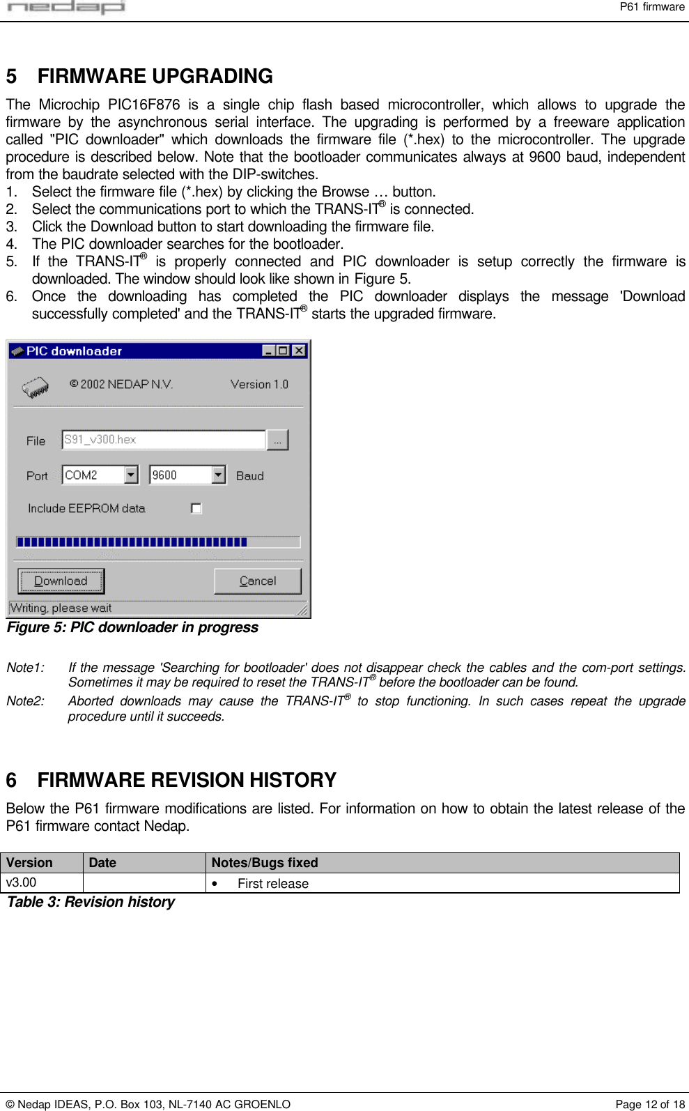 P61 firmware&copy; Nedap IDEAS, P.O. Box 103, NL-7140 AC GROENLO Page 12 of 185 FIRMWARE UPGRADINGThe Microchip PIC16F876 is a single chip flash based microcontroller, which allows to upgrade thefirmware by the asynchronous serial interface. The upgrading is performed by a freeware applicationcalled "PIC downloader" which downloads the firmware file (*.hex) to the microcontroller. The upgradeprocedure is described below. Note that the bootloader communicates always at 9600 baud, independentfrom the baudrate selected with the DIP-switches.1. Select the firmware file (*.hex) by clicking the Browse &hellip; button.2. Select the communications port to which the TRANS-IT&reg; is connected.3. Click the Download button to start downloading the firmware file.4. The PIC downloader searches for the bootloader.5. If the TRANS-IT&reg; is properly connected and PIC downloader is setup correctly the firmware isdownloaded. The window should look like shown in Figure 5.6. Once the downloading has completed the PIC downloader displays the message 'Downloadsuccessfully completed' and the TRANS-IT&reg; starts the upgraded firmware.Figure 5: PIC downloader in progressNote1: If the message 'Searching for bootloader' does not disappear check the cables and the com-port settings.Sometimes it may be required to reset the TRANS-IT&reg; before the bootloader can be found.Note2: Aborted downloads may cause the TRANS-IT&reg; to stop functioning. In such cases repeat the upgradeprocedure until it succeeds.6 FIRMWARE REVISION HISTORYBelow the P61 firmware modifications are listed. For information on how to obtain the latest release of theP61 firmware contact Nedap.Version Date Notes/Bugs fixedv3.00 &bull; First releaseTable 3: Revision history