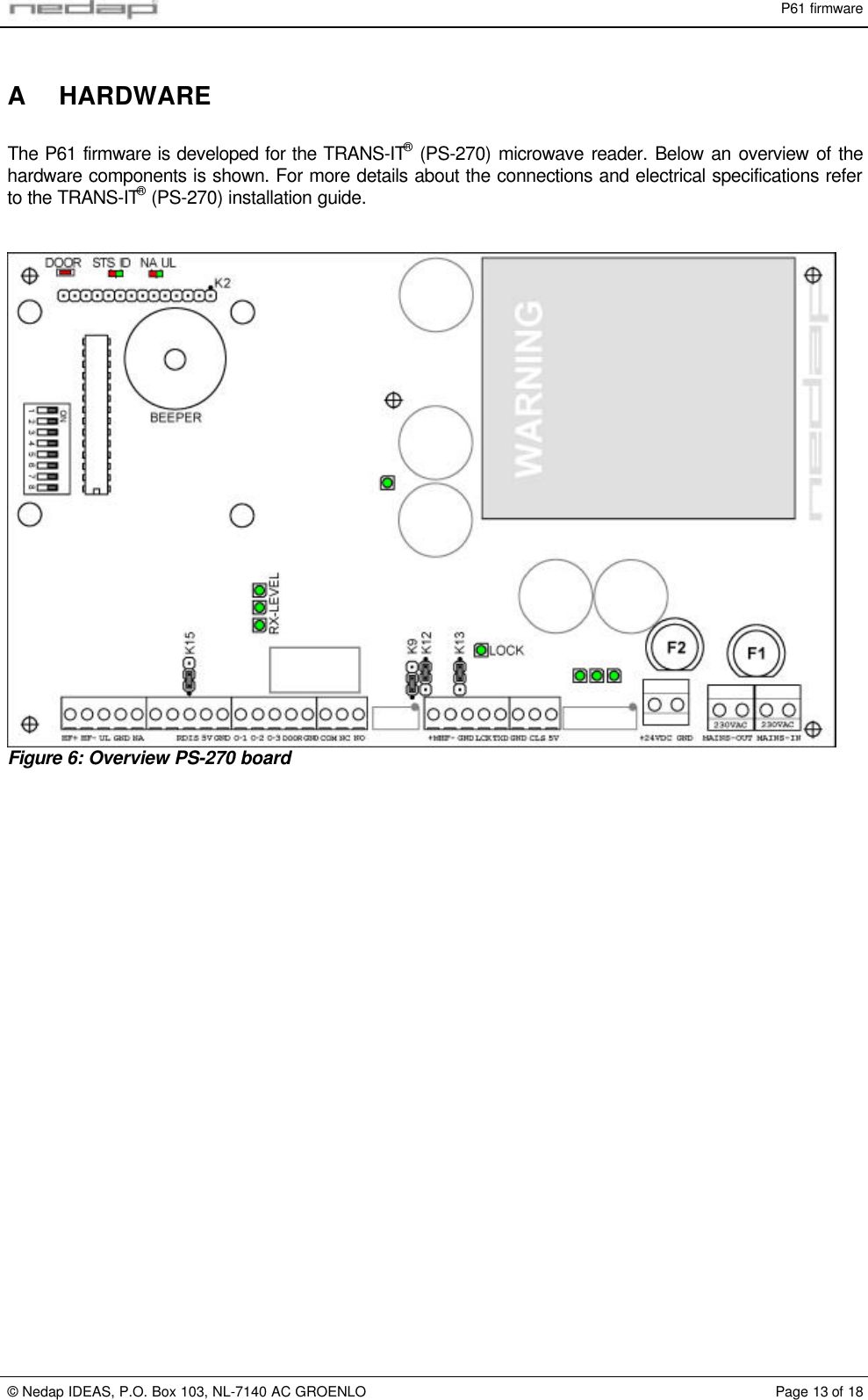 P61 firmware&copy; Nedap IDEAS, P.O. Box 103, NL-7140 AC GROENLO Page 13 of 18A HARDWAREThe P61 firmware is developed for the TRANS-IT&reg; (PS-270) microwave reader. Below an overview of thehardware components is shown. For more details about the connections and electrical specifications referto the TRANS-IT&reg; (PS-270) installation guide.Figure 6: Overview PS-270 board