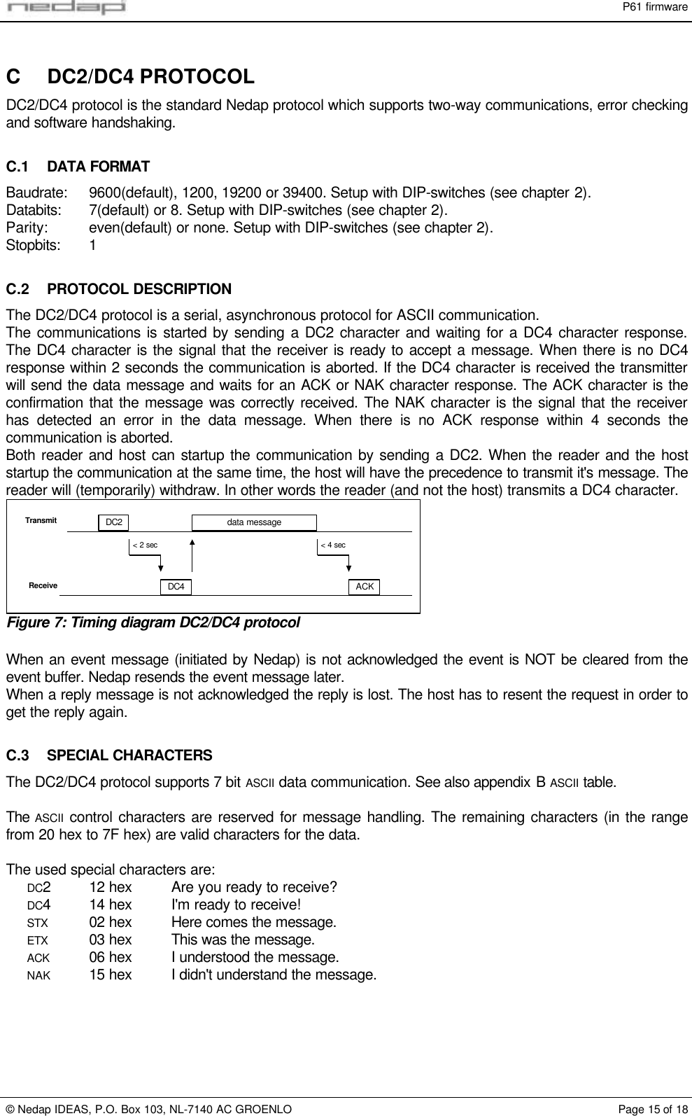 P61 firmware&copy; Nedap IDEAS, P.O. Box 103, NL-7140 AC GROENLO Page 15 of 18C DC2/DC4 PROTOCOLDC2/DC4 protocol is the standard Nedap protocol which supports two-way communications, error checkingand software handshaking.C.1 DATA FORMATBaudrate: 9600(default), 1200, 19200 or 39400. Setup with DIP-switches (see chapter 2).Databits: 7(default) or 8. Setup with DIP-switches (see chapter 2).Parity: even(default) or none. Setup with DIP-switches (see chapter 2).Stopbits: 1C.2 PROTOCOL DESCRIPTIONThe DC2/DC4 protocol is a serial, asynchronous protocol for ASCII communication.The communications is started by sending a DC2 character and waiting for a DC4 character response.The DC4 character is the signal that the receiver is ready to accept a message. When there is no DC4response within 2 seconds the communication is aborted. If the DC4 character is received the transmitterwill send the data message and waits for an ACK or NAK character response. The ACK character is theconfirmation that the message was correctly received. The NAK character is the signal that the receiverhas detected an error in the data message. When there is no ACK response within 4 seconds thecommunication is aborted.Both reader and host can startup the communication by sending a DC2. When the reader and the hoststartup the communication at the same time, the host will have the precedence to transmit it's message. Thereader will (temporarily) withdraw. In other words the reader (and not the host) transmits a DC4 character.DC2DC4data messageACK< 2 sec < 4 secTransmitReceiveFigure 7: Timing diagram DC2/DC4 protocolWhen an event message (initiated by Nedap) is not acknowledged the event is NOT be cleared from theevent buffer. Nedap resends the event message later.When a reply message is not acknowledged the reply is lost. The host has to resent the request in order toget the reply again.C.3 SPECIAL CHARACTERSThe DC2/DC4 protocol supports 7 bit ASCII data communication. See also appendix B ASCII table.The ASCII control characters are reserved for message handling. The remaining characters (in the rangefrom 20 hex to 7F hex) are valid characters for the data.The used special characters are:DC212 hex Are you ready to receive?DC414 hex I'm ready to receive!STX 02 hex Here comes the message.ETX 03 hex This was the message.ACK 06 hex I understood the message.NAK 15 hex I didn't understand the message.