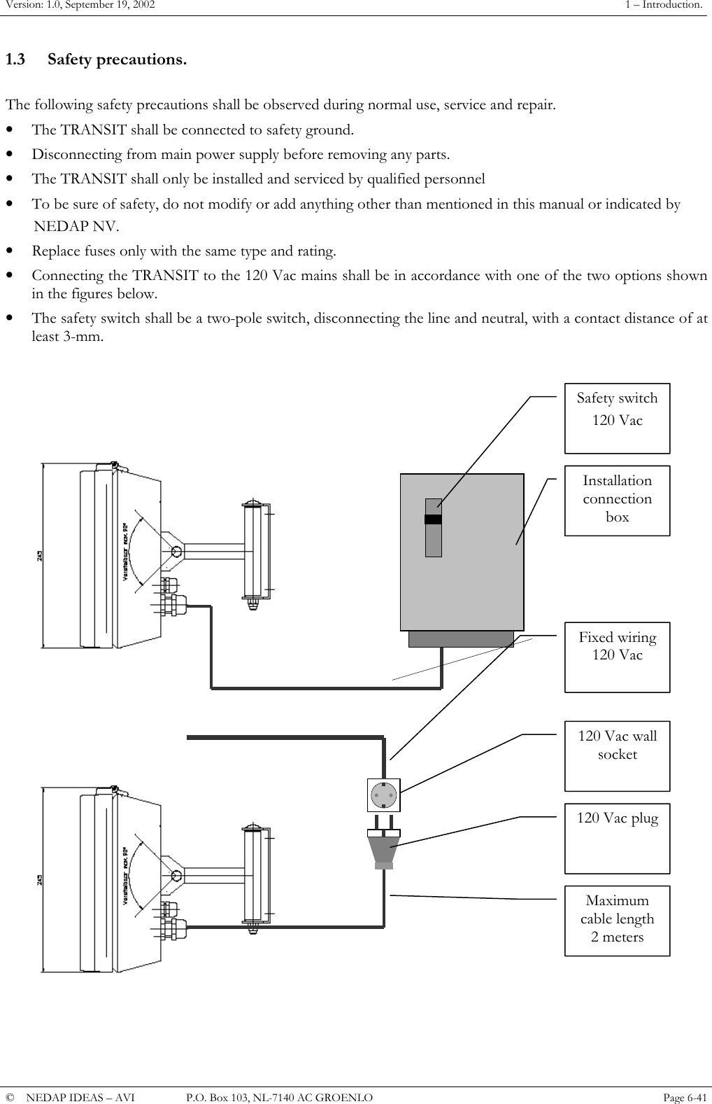 Version: 1.0, September 19, 2002  1 &ndash; Introduction. 1.3 Safety precautions.  The following safety precautions shall be observed during normal use, service and repair. &bull;  The TRANSIT shall be connected to safety ground. &bull;  Disconnecting from main power supply before removing any parts. &bull;  The TRANSIT shall only be installed and serviced by qualified personnel &bull;  To be sure of safety, do not modify or add anything other than mentioned in this manual or indicated by         NEDAP NV. &bull;  Replace fuses only with the same type and rating. &bull;  Connecting the TRANSIT to the 120 Vac mains shall be in accordance with one of the two options shown in the figures below. &bull;  The safety switch shall be a two-pole switch, disconnecting the line and neutral, with a contact distance of at least 3-mm.   Maximum cable length 2 meters 120 Vac plug 120 Vac wall socket Installation connection box Safety switch120 Vac Fixed wiring 120 Vac   &copy;  NEDAP IDEAS &ndash; AVI   P.O. Box 103, NL-7140 AC GROENLO Page 6-41   