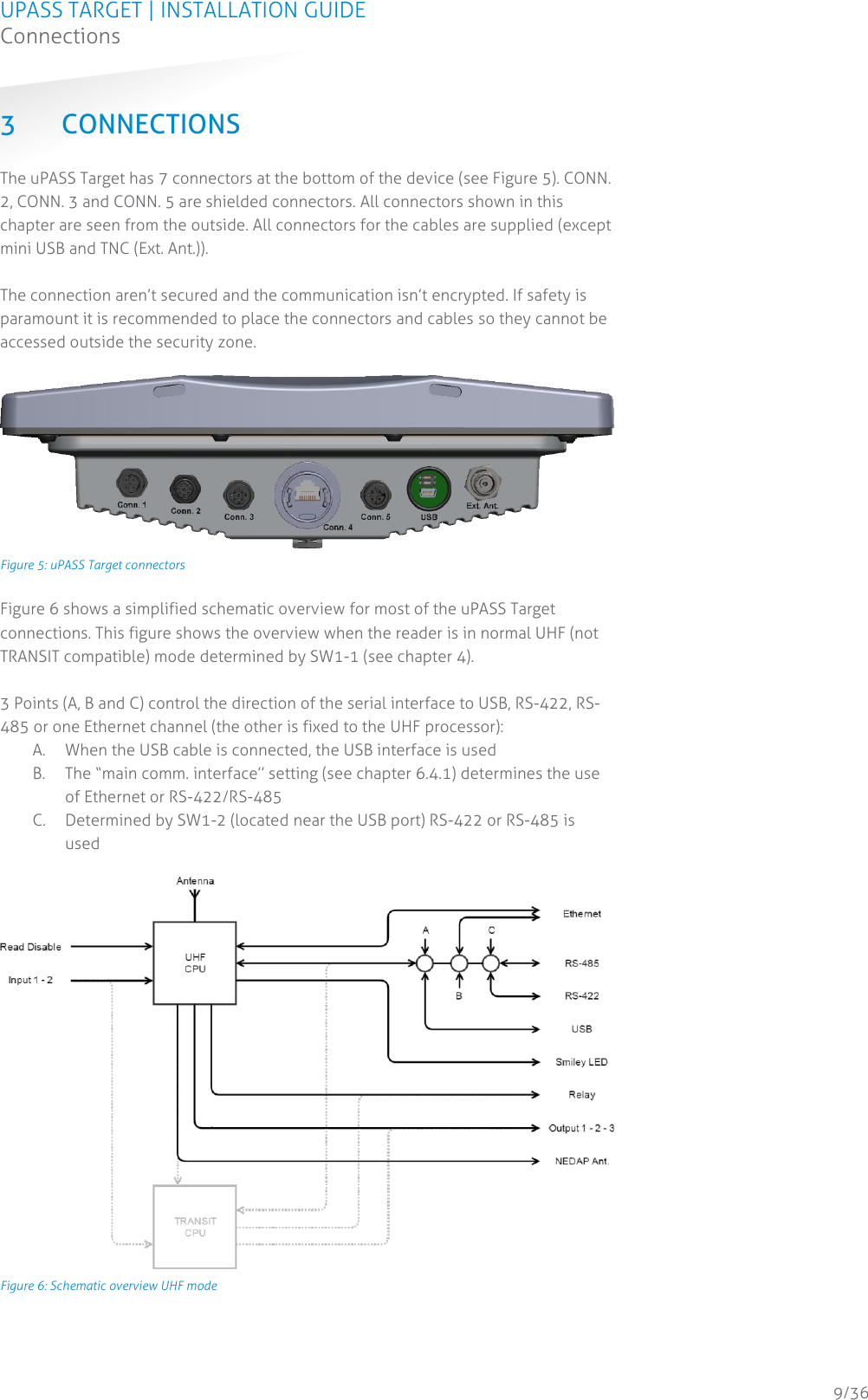 UPASS TARGET | INSTALLATION GUIDE Connections  9/36 3 CONNECTIONS The uPASS Target has 7 connectors at the bottom of the device (see Figure 5). CONN. 2, CONN. 3 and CONN. 5 are shielded connectors. All connectors shown in this chapter are seen from the outside. All connectors for the cables are supplied (except mini USB and TNC (Ext. Ant.)).  The connection aren’t secured and the communication isn’t encrypted. If safety is paramount it is recommended to place the connectors and cables so they cannot be accessed outside the security zone.   Figure 5: uPASS Target connectors  Figure 6 shows a simplified schematic overview for most of the uPASS Target connections. This figure shows the overview when the reader is in normal UHF (not TRANSIT compatible) mode determined by SW1-1 (see chapter 4).   3 Points (A, B and C) control the direction of the serial interface to USB, RS-422, RS-485 or one Ethernet channel (the other is fixed to the UHF processor): A. When the USB cable is connected, the USB interface is used B. The “main comm. interface” setting (see chapter 6.4.1) determines the use of Ethernet or RS-422/RS-485 C. Determined by SW1-2 (located near the USB port) RS-422 or RS-485 is used   Figure 6: Schematic overview UHF mode     