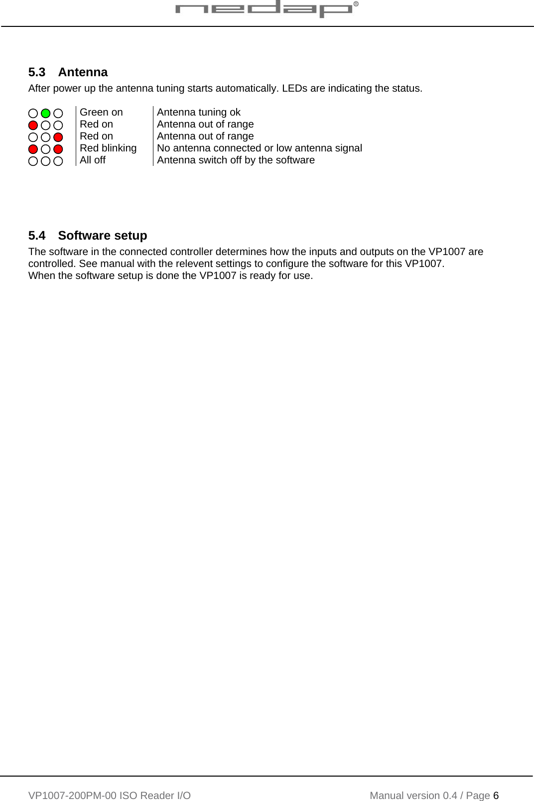    VP1007-200PM-00 ISO Reader I/O Manual version 0.4 / Page 6    5.3 Antenna After power up the antenna tuning starts automatically. LEDs are indicating the status.      Green on  Antenna tuning ok     Red on  Antenna out of range     Red on  Antenna out of range     Red blinking  No antenna connected or low antenna signal     All off  Antenna switch off by the software     5.4 Software setup The software in the connected controller determines how the inputs and outputs on the VP1007 are controlled. See manual with the relevent settings to configure the software for this VP1007. When the software setup is done the VP1007 is ready for use.  
