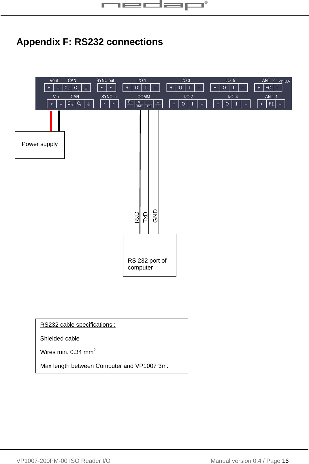    VP1007-200PM-00 ISO Reader I/O Manual version 0.4 / Page 16    Appendix F: RS232 connections                                           RS 232 port of computer RxD  TxD GND  RS232 cable specifications :  Shielded cable  Wires min. 0.34 mm2  Max length between Computer and VP1007 3m.  Power supply  