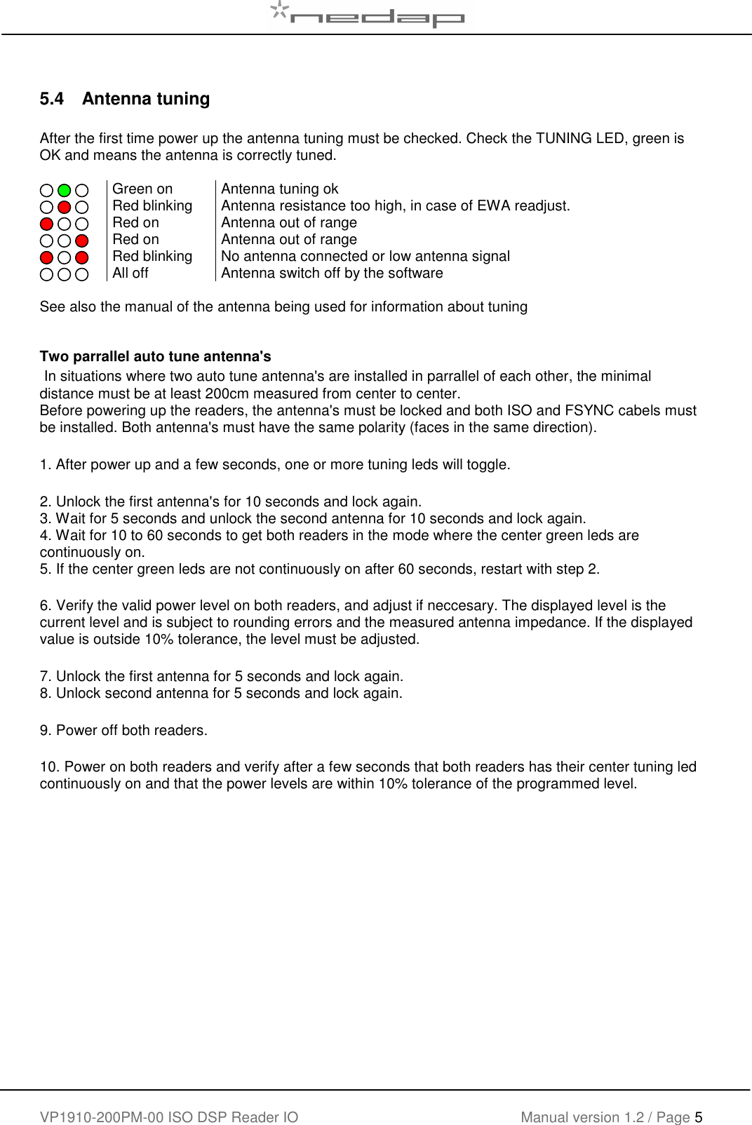    VP1910-200PM-00 ISO DSP Reader IO Manual version 1.2 / Page 5    5.4  Antenna tuning  After the first time power up the antenna tuning must be checked. Check the TUNING LED, green is OK and means the antenna is correctly tuned.      Green on  Antenna tuning ok    Red blinking  Antenna resistance too high, in case of EWA readjust.    Red on  Antenna out of range    Red on  Antenna out of range     Red blinking  No antenna connected or low antenna signal    All off  Antenna switch off by the software  See also the manual of the antenna being used for information about tuning   Two parrallel auto tune antenna's  In situations where two auto tune antenna's are installed in parrallel of each other, the minimal distance must be at least 200cm measured from center to center. Before powering up the readers, the antenna's must be locked and both ISO and FSYNC cabels must be installed. Both antenna's must have the same polarity (faces in the same direction).   1. After power up and a few seconds, one or more tuning leds will toggle.   2. Unlock the first antenna's for 10 seconds and lock again. 3. Wait for 5 seconds and unlock the second antenna for 10 seconds and lock again. 4. Wait for 10 to 60 seconds to get both readers in the mode where the center green leds are continuously on. 5. If the center green leds are not continuously on after 60 seconds, restart with step 2.   6. Verify the valid power level on both readers, and adjust if neccesary. The displayed level is the current level and is subject to rounding errors and the measured antenna impedance. If the displayed value is outside 10% tolerance, the level must be adjusted.   7. Unlock the first antenna for 5 seconds and lock again. 8. Unlock second antenna for 5 seconds and lock again.   9. Power off both readers.   10. Power on both readers and verify after a few seconds that both readers has their center tuning led continuously on and that the power levels are within 10% tolerance of the programmed level.    