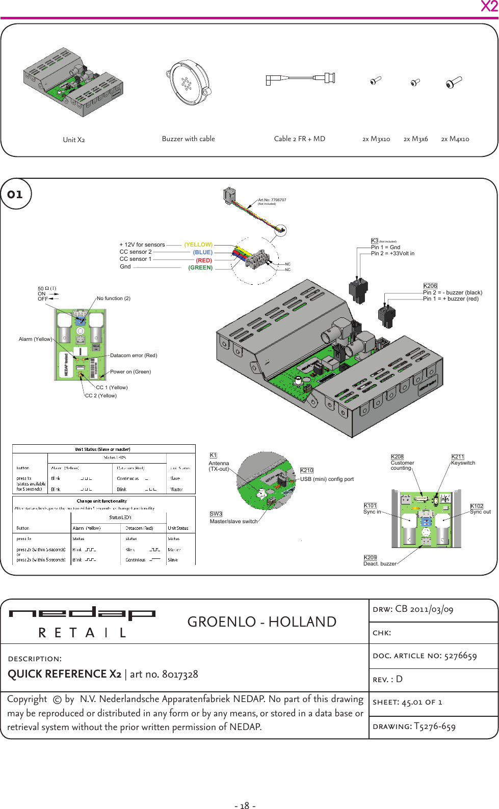 - 18 -GROENLO - HOLLANDCopyright  © by  N.V. Nederlandsche Apparatenfabriek NEDAP. No part of this drawing may be reproduced or distributed in any form or by any means, or stored in a data base or retrieval system without the prior written permission of NEDAP.description:QUICK REFERENCE X2 | art no. 8017328doc. article no: 5276659chk:rev. : Ddrw: CB 2011/03/09sheet: 45.01 of 1drawing: T5276-659X2Unit X2  Cable 2 FR + MDAC-AYYYY-MM-DDDocumentation released-Ref.Nr.REV.DATEDESCRIPTIONAPPROVEDN/A DIM.  IN MMROUGHNESS ACC.ISO 1302 in µMGENERAL TOLERANCES SCALE:  FORMAT: DRAWING: Copyright  (c) by  N.V. Nederlandsche Apparatenfabriek NEDAP. No part of thisdrawing may be reproduced or distributed in any form or by any means, or storedin a data base or retrieval system without the prior written permission of NEDAP.ABCDEF6321FEDCBA5678A38017328N/AA.01 ARTICLE NUMBER REV.ISO AGROENLO HOLLAND SHEET:4785432110.01  OF  11:2± 1°± 0.2DESCRIPTIONLIN.ANG.N/A?????? DRW: CHCK:YYYY-MM-DDYYYY-MM-DDYYYY-MM-DD DSGN:AYYYY-MM-DDDocumentation releasedRef.Nr.REV.DATEDESCRIPTIONAPPROVEDN/A DIM.  IN MMROUGHNESS ACC.ISO 1302 in µMGENERAL TOLERANCES SCALE:  FORMAT: DRAWING: Copyright  (c) by  N.V. Nederlandsche Apparatenfabriek NEDAP. No part of thisdrawing may be reproduced or distributed in any form or by any means, or storedin a data base or retrieval system without the prior written permission of NEDAP.ABCDEF4321FEDCBA1234A48017336N/AA ARTICLE NUMBER REV.ISO AGROENLO HOLLAND SHEET:N/A± 0.2± 1°1:110.01  OF  1DESCRIPTIONLIN.ANG. DSGN:???? DRW: CHCK:2009-MM-DD2009-MM-DD2009-MM-DD??Buzzer with cableAYYYY-MM-DDDocumentation releasedRef.Nr.REV.DATEDESCRIPTIONAPPROVEDN/A DIM.  IN MMROUGHNESS ACC.ISO 1302 in µMGENERAL TOLERANCES SCALE:  FORMAT: DRAWING: Copyright  (c) by  N.V. Nederlandsche Apparatenfabriek NEDAP. No part of thisdrawing may be reproduced or distributed in any form or by any means, or storedin a data base or retrieval system without the prior written permission of NEDAP.ABCDEF4321FEDCBA1234A44092201-rsN/AA ARTICLE NUMBER REV.ISO AGROENLO HOLLAND SHEET:N/A± 0.2± 1°1:110.01  OF  1DESCRIPTIONLIN.ANG. DSGN:???? DRW: CHCK:2009-MM-DD2009-MM-DD2009-MM-DD??AYYYY-MM-DDDocumentation releasedRef.Nr.REV.DATEDESCRIPTIONAPPROVEDN/A DIM.  IN MMROUGHNESS ACC.ISO 1302 in µMGENERAL TOLERANCES SCALE:  FORMAT: DRAWING: Copyright  (c) by  N.V. Nederlandsche Apparatenfabriek NEDAP. No part of thisdrawing may be reproduced or distributed in any form or by any means, or storedin a data base or retrieval system without the prior written permission of NEDAP.ABCDEF4321FEDCBA1234A44092201-rsN/AA ARTICLE NUMBER REV.ISO AGROENLO HOLLAND SHEET:N/A± 0.2± 1°1:110.01  OF  1DESCRIPTIONLIN.ANG. DSGN:???? DRW: CHCK:2009-MM-DD2009-MM-DD2009-MM-DD??2x M3x10 2x M4x10AYYYY-MM-DDDocumentation releasedRef.Nr.REV.DATEDESCRIPTIONAPPROVEDN/A DIM.  IN MMROUGHNESS ACC.ISO 1302 in µMGENERAL TOLERANCES SCALE:  FORMAT: DRAWING: Copyright  (c) by  N.V. Nederlandsche Apparatenfabriek NEDAP. No part of thisdrawing may be reproduced or distributed in any form or by any means, or storedin a data base or retrieval system without the prior written permission of NEDAP.ABCDEF4321FEDCBA1234A44092201-rsN/AA ARTICLE NUMBER REV.ISO AGROENLO HOLLAND SHEET:N/A± 0.2± 1°1:110.01  OF  1DESCRIPTIONLIN.ANG. DSGN:???? DRW: CHCK:2009-MM-DD2009-MM-DD2009-MM-DD??2x M3x6Pin 1 = GndPin 2 = +33Volt in   K1   (YELLOW)(Not included)Datacom error (Red)Power on (Green)CC 2 (Yellow)CC 1 (Yellow)Alarm (Yellow)No function (2)50 Ω (1)ONOFF     Master/slave switchAntenna(TX-out)USB (mini) config portArt.No: 7706707    NCNCK102Pin 2 = - buzzer (black)Pin 1 = + buzzer (red)Sync inSync outDeact. buzzerKeyswitchCustomer countingK206K3K101K210SW3K209 Keyswitch      +3V3R474100Ω  GND    +3V3IN KSWX2 PCBExternalswitchboxSW12345 10KΩCircuit diagramK208  GND   (BLUE)(RED)(GREEN)    + 12V for sensorsCC sensor 2CC sensor 1GndK211K208(Not included)T5276-659 DIM.  IN MMROUGHNESS ACC.ISO 1302 in µMGENERAL TOLERANCES SCALE:  FORMAT: DRAWING: Copyright  (c) by  N.V. Nederlandsche Apparatenfabriek NEDAP. No part of thisdrawing may be reproduced or distributed in any form or by any means, or storedin a data base or retrieval system without the prior written permission of NEDAP.ABCDEF6321FEDCBA5678A3QUICK REFERENCE X25276659c ARTICLE NUMBER REV.ISO AGROENLO HOLLAND SHEET:4785432145.01  OF  21:1± 1°± 0.2DESCRIPTIONLIN.ANG.N/ACBCBCB DRW: CHCK:2009-12-182009-10-262009-10-26 DSGN:Pin 1 = GndPin 2 = +33Volt in   K1   (YELLOW)(Not included)Datacom error (Red)Power on (Green)CC 2 (Yellow)CC 1 (Yellow)Alarm (Yellow)No function (2)50 Ω (1)ONOFF     Master/slave switchAntenna(TX-out)USB (mini) config portArt.No: 7706707    NCNCK102Pin 2 = - buzzer (black)Pin 1 = + buzzer (red)Sync inSync outDeact. buzzerKeyswitchCustomer countingK206K3K101K210SW3K209 Keyswitch      +3V3R474100Ω  GND    +3V3IN KSWX2 PCBExternalswitchboxSW12345 10KΩCircuit diagramK208  GND   (BLUE)(RED)(GREEN)    + 12V for sensorsCC sensor 2CC sensor 1GndK211K208(Not included)T5276-659 DIM.  IN MMROUGHNESS ACC.ISO 1302 in µMGENERAL TOLERANCES SCALE:  FORMAT: DRAWING: Copyright  (c) by  N.V. Nederlandsche Apparatenfabriek NEDAP. No part of thisdrawing may be reproduced or distributed in any form or by any means, or storedin a data base or retrieval system without the prior written permission of NEDAP.ABCDEF6321FEDCBA5678A3QUICK REFERENCE X25276659c ARTICLE NUMBER REV.ISO AGROENLO HOLLAND SHEET:4785432145.01  OF  21:1± 1°± 0.2DESCRIPTIONLIN.ANG.N/ACBCBCB DRW: CHCK:2009-12-182009-10-262009-10-26 DSGN:Pin 1 = GndPin 2 = +33Volt in   K1   (YELLOW)(Not included)Datacom error (Red)Power on (Green)CC 2 (Yellow)CC 1 (Yellow)Alarm (Yellow)No function (2)50 Ω (1)ONOFF     Master/slave switchAntenna(TX-out)USB (mini) config portArt.No: 7706707    NCNCK102Pin 2 = - buzzer (black)Pin 1 = + buzzer (red)Sync inSync outDeact. buzzerKeyswitchCustomer countingK206K3K101K210SW3K209 Keyswitch      +3V3R474100Ω  GND    +3V3IN KSWX2 PCBExternalswitchboxSW12345 10KΩCircuit diagramK208  GND   (BLUE)(RED)(GREEN)    + 12V for sensorsCC sensor 2CC sensor 1GndK211K208(Not included)T5276-659 DIM.  IN MMROUGHNESS ACC.ISO 1302 in µMGENERAL TOLERANCES SCALE:  FORMAT: DRAWING: Copyright  (c) by  N.V. Nederlandsche Apparatenfabriek NEDAP. No part of thisdrawing may be reproduced or distributed in any form or by any means, or storedin a data base or retrieval system without the prior written permission of NEDAP.ABCDEF6321FEDCBA5678A3QUICK REFERENCE X25276659c ARTICLE NUMBER REV.ISO AGROENLO HOLLAND SHEET:4785432145.01  OF  21:1± 1°± 0.2DESCRIPTIONLIN.ANG.N/ACBCBCB DRW: CHCK:2009-12-182009-10-262009-10-26 DSGN:01Pin 1 = GndPin 2 = +33Volt in   K1   (YELLOW)(Not included)Datacom error (Red)Power on (Green)CC 2 (Yellow)CC 1 (Yellow)Alarm (Yellow)No function (2)50 Ω (1)ONOFF     Master/slave switchAntenna(TX-out)USB (mini) config portArt.No: 7706707    NCNCK102Pin 2 = - buzzer (black)Pin 1 = + buzzer (red)Sync inSync outDeact. buzzerKeyswitchCustomer countingK206K3K101K210SW3K209 Keyswitch      +3V3R474100Ω  GND    +3V3IN KSWX2 PCBExternalswitchboxSW12345 10KΩCircuit diagramK208  GND   (BLUE)(RED)(GREEN)    + 12V for sensorsCC sensor 2CC sensor 1GndK211K208(Not included)T5276-659 DIM.  IN MMROUGHNESS ACC.ISO 1302 in µMGENERAL TOLERANCES SCALE:  FORMAT: DRAWING: Copyright  (c) by  N.V. Nederlandsche Apparatenfabriek NEDAP. No part of thisdrawing may be reproduced or distributed in any form or by any means, or storedin a data base or retrieval system without the prior written permission of NEDAP.ABCDEF6321FEDCBA5678A3QUICK REFERENCE X25276659c ARTICLE NUMBER REV.ISO AGROENLO HOLLAND SHEET:4785432145.01  OF  21:1± 1°± 0.2DESCRIPTIONLIN.ANG.N/ACBCBCB DRW: CHCK:2009-12-182009-10-262009-10-26 DSGN:AC-AYYYY-MM-DDDocumentation released-Ref.Nr.REV.DATEDESCRIPTIONAPPROVEDN/A DIM.  IN MMROUGHNESS ACC.ISO 1302 in µMGENERAL TOLERANCES SCALE:  FORMAT: DRAWING: Copyright  (c) by  N.V. Nederlandsche Apparatenfabriek NEDAP. No part of thisdrawing may be reproduced or distributed in any form or by any means, or storedin a data base or retrieval system without the prior written permission of NEDAP.ABCDEF6321FEDCBA5678A38017328N/AA.01 ARTICLE NUMBER REV.ISO AGROENLO HOLLAND SHEET:4785432110.01  OF  11:2± 1°± 0.2DESCRIPTIONLIN.ANG.N/A?????? DRW: CHCK:YYYY-MM-DDYYYY-MM-DDYYYY-MM-DD DSGN:Pin 1 = GndPin 2 = +33Volt in   K1   (YELLOW)(Not included)Datacom error (Red)Power on (Green)CC 2 (Yellow)CC 1 (Yellow)Alarm (Yellow)No function (2)50 Ω (1)ONOFF     Master/slave switchAntenna(TX-out)USB (mini) config portArt.No: 7706707    NCNCK102Pin 2 = - buzzer (black)Pin 1 = + buzzer (red)Sync inSync outDeact. buzzerKeyswitchCustomer countingK206K3K101K210SW3K209 Keyswitch      +3V3R474100Ω  GND    +3V3IN KSWX2 PCBExternalswitchboxSW12345 10KΩCircuit diagramK208  GND   (BLUE)(RED)(GREEN)    + 12V for sensorsCC sensor 2CC sensor 1GndK211K208(Not included)T5276-659 DIM.  IN MMROUGHNESS ACC.ISO 1302 in µMGENERAL TOLERANCES SCALE:  FORMAT: DRAWING: Copyright  (c) by  N.V. Nederlandsche Apparatenfabriek NEDAP. No part of thisdrawing may be reproduced or distributed in any form or by any means, or storedin a data base or retrieval system without the prior written permission of NEDAP.ABCDEF6321FEDCBA5678A3QUICK REFERENCE X25276659c ARTICLE NUMBER REV.ISO AGROENLO HOLLAND SHEET:4785432145.01  OF  21:1± 1°± 0.2DESCRIPTIONLIN.ANG.N/ACBCBCB DRW: CHCK:2009-12-182009-10-262009-10-26 DSGN:Pin 1 = GndPin 2 = +33Volt in   K1   (YELLOW)(Not included)Datacom error (Red)Power on (Green)CC 2 (Yellow)CC 1 (Yellow)Alarm (Yellow)No function (2)50 Ω (1)ONOFF     Master/slave switchAntenna(TX-out)USB (mini) config portArt.No: 7706707    NCNCK102Pin 2 = - buzzer (black)Pin 1 = + buzzer (red)Sync inSync outDeact. buzzerKeyswitchCustomer countingK206K3K101K210SW3K209 Keyswitch      +3V3R474100Ω  GND    +3V3IN KSWX2 PCBExternalswitchboxSW12345 10KΩCircuit diagramK208  GND   (BLUE)(RED)(GREEN)    + 12V for sensorsCC sensor 2CC sensor 1GndK211K208(Not included)T5276-659 DIM.  IN MMROUGHNESS ACC.ISO 1302 in µMGENERAL TOLERANCES SCALE:  FORMAT: DRAWING: Copyright  (c) by  N.V. Nederlandsche Apparatenfabriek NEDAP. No part of thisdrawing may be reproduced or distributed in any form or by any means, or storedin a data base or retrieval system without the prior written permission of NEDAP.ABCDEF6321FEDCBA5678A3QUICK REFERENCE X25276659c ARTICLE NUMBER REV.ISO AGROENLO HOLLAND SHEET:4785432145.01  OF  21:1± 1°± 0.2DESCRIPTIONLIN.ANG.N/ACBCBCB DRW: CHCK:2009-12-182009-10-262009-10-26 DSGN:Pin 1 = GndPin 2 = +33Volt in   K1   (YELLOW)(Not included)Datacom error (Red)Power on (Green)CC 2 (Yellow)CC 1 (Yellow)Alarm (Yellow)No function (2)50 Ω (1)ONOFF     Master/slave switchAntenna(TX-out)USB (mini) config portArt.No: 7706707    NCNCK102Pin 2 = - buzzer (black)Pin 1 = + buzzer (red)Sync inSync outDeact. buzzerKeyswitchCustomer countingK206K3K101K210SW3K209 Keyswitch      +3V3R474100Ω  GND    +3V3IN KSWX2 PCBExternalswitchboxSW12345 10KΩCircuit diagramK208  GND   (BLUE)(RED)(GREEN)    + 12V for sensorsCC sensor 2CC sensor 1GndK211K208(Not included)T5276-659 DIM.  IN MMROUGHNESS ACC.ISO 1302 in µMGENERAL TOLERANCES SCALE:  FORMAT: DRAWING: Copyright  (c) by  N.V. Nederlandsche Apparatenfabriek NEDAP. No part of thisdrawing may be reproduced or distributed in any form or by any means, or storedin a data base or retrieval system without the prior written permission of NEDAP.ABCDEF6321FEDCBA5678A3QUICK REFERENCE X25276659c ARTICLE NUMBER REV.ISO AGROENLO HOLLAND SHEET:4785432145.01  OF  21:1± 1°± 0.2DESCRIPTIONLIN.ANG.N/ACBCBCB DRW: CHCK:2009-12-182009-10-262009-10-26 DSGN:
