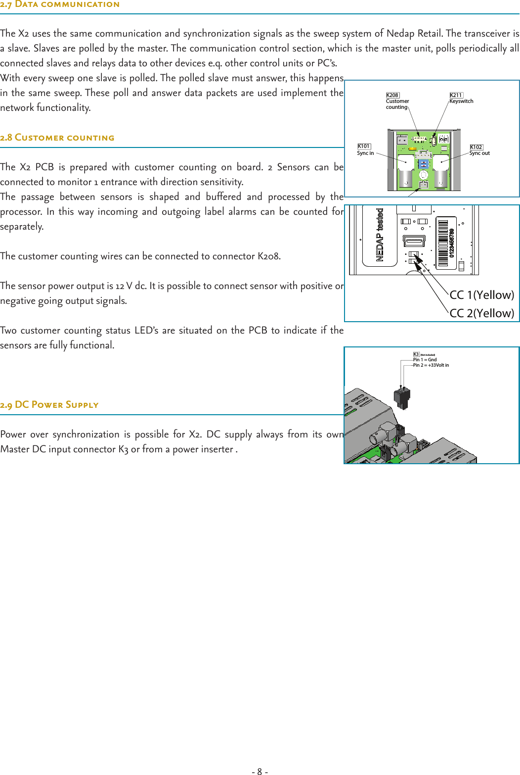 - 8 -2.7 Data communicationThe X2 uses the same communication and synchronization signals as the sweep system of Nedap Retail. The transceiver is a slave. Slaves are polled by the master. The communication control section, which is the master unit, polls periodically all  connected slaves and relays data to other devices e.q. other control units or PC’s.With every sweep one slave is polled. The polled slave must answer, this happens in the same sweep. These poll and answer data packets are used implement the network functionality.  2.8 Customer countingThe  X2  PCB  is  prepared  with  customer  counting  on  board.  2  Sensors  can  be  connected to monitor 1 entrance with direction sensitivity.The  passage  between  sensors  is  shaped  and  buffered  and  processed  by  the  processor.  In this  way incoming  and  outgoing label  alarms can  be  counted  for separately.The customer counting wires can be connected to connector K208.The sensor power output is 12 V dc. It is possible to connect sensor with positive or negative going output signals.Two customer counting status  LED’s are situated on the PCB  to indicate  if  the  sensors are fully functional.2.9 DC Power SupplyPower  over  synchronization  is  possible  for X2.  DC  supply  always  from  its  own  Master DC input connector K3 or from a power inserter . Pin 1 = GndPin 2 = +33Volt inK3X2Unit X2  Cable 2 FR + MDAC-AYYYY-MM-DDDocumentation released-Ref.Nr.REV.DATEDESCRIPTIONAPPROVEDN/A DIM.  IN MMROUGHNESS ACC.ISO 1302 in µMGENERAL TOLERANCES SCALE:  FORMAT: DRAWING: Copyright  (c) by  N.V. Nederlandsche Apparatenfabriek NEDAP. No part of thisdrawing may be reproduced or distributed in any form or by any means, or storedin a data base or retrieval system without the prior written permission of NEDAP.ABCDEF6325678A38017328N/AA.01 ARTICLE NUMBER REV.ISO AGROENLO HOLLAND SHEET:478543210.01  OF  11:2± 1°± 0.2DESCRIPTIONLIN.ANG.N/A?????? DRW: CHCK:YYYY-MM-DDYYYY-MM-DDYYYY-MM-DD DSGN:AYYYY-MM-DDDocumentation releasedRef.Nr.REV.DATEDESCRIPTIONAPPROVEDN/A DIM.  IN MMROUGHNESS ACC.ISO 1302 in µMGENERAL TOLERANCES SCALE:  FORMAT: DRAWING: Copyright  (c) by  N.V. Nederlandsche Apparatenfabriek NEDAP. No part of thisdrawing may be reproduced or distributed in any form or by any means, or storedin a data base or retrieval system without the prior written permission of NEDAP.ABCDEF4321FEDCBA1234A48017336N/AA ARTICLE NUMBER REV.ISO AGROENLO HOLLAND SHEET:N/A± 0.2± 1°1:110.01  OF  1DESCRIPTIONLIN.ANG. DSGN:???? DRW: CHCK:2009-MM-DD2009-MM-DD2009-MM-DD??Buzzer with cableAYYYY-MM-DDDocumentation releasedRef.Nr.REV.DATEDESCRIPTIONAPPROVEDN/A DIM.  IN MMROUGHNESS ACC.ISO 1302 in µMGENERAL TOLERANCES SCALE:  FORMAT: DRAWING: Copyright  (c) by  N.V. Nederlandsche Apparatenfabriek NEDAP. No part of thisdrawing may be reproduced or distributed in any form or by any means, or storedin a data base or retrieval system without the prior written permission of NEDAP.ABCDEF4321FEDCBA1234A44092201-rsN/AA ARTICLE NUMBER REV.ISO AGROENLO HOLLAND SHEET:N/A± 0.2± 1°1:110.01  OF  1DESCRIPTIONLIN.ANG. DSGN:???? DRW: CHCK:2009-MM-DD2009-MM-DD2009-MM-DD??AYYYY-MM-DDDocumentation releasedRef.Nr.REV.DATEDESCRIPTIONAPPROVEDN/A DIM.  IN MMROUGHNESS ACC.ISO 1302 in µMGENERAL TOLERANCES SCALE:  FORMAT: DRAWING: Copyright  (c) by  N.V. Nederlandsche Apparatenfabriek NEDAP. No part of thisdrawing may be reproduced or distributed in any form or by any means, or storedin a data base or retrieval system without the prior written permission of NEDAP.ABCDEFFEDCBA1234A44092201-rsN/AA ARTICLE NUMBER REV.ISO AGROENLO HOLLAND SHEET:N/A± 0.2± 1°1:110.01  OF  1DESCRIPTIONLIN.ANG. DSGN:???? DRW: CHCK:2009-MM-DD2009-MM-DD2009-MM-DD??2x M3x10 2x M4x10AYYYY-MM-DDDocumentation releasedRef.Nr.REV.DATEDESCRIPTIONAPPROVEDN/A DIM.  IN MMROUGHNESS ACC.ISO 1302 in µMGENERAL TOLERANCES SCALE:  FORMAT: DRAWING: Copyright  (c) by  N.V. Nederlandsche Apparatenfabriek NEDAP. No part of thisdrawing may be reproduced or distributed in any form or by any means, or storedin a data base or retrieval system without the prior written permission of NEDAP.ABCDEF4321FEDCBA1234A44092201-rsN/AA ARTICLE NUMBER REV.ISO AGROENLO HOLLAND SHEET:N/A± 0.2± 1°1:110.01  OF  1DESCRIPTIONLIN.ANG. DSGN:???? DRW: CHCK:2009-MM-DD2009-MM-DD2009-MM-DD??2x M3x6Pin 1 = GndPin 2 = +33Volt in   K1   (YELLOW)(Not included)Datacom error (Red)Power on (Green)CC 2 (Yellow)CC 1 (Yellow)Alarm (Yellow)No function (2)50 Ω (1)ONOFF     Master/slave switchAntenna(TX-out)USB (mini) cong portArt.No: 7706707    NCNCK102Pin 2 = - buzzer (black)Pin 1 = + buzzer (red)Sync inSync outDeact. buzzerKeyswitchCustomer countingK206K3K101K210SW3K209 Keyswitch      +3V3R474100Ω  GND    +3V3IN KSWX2 PCBExternalswitchboxSW12345 10KΩCircuit diagramK208  GND   (BLUE)(RED)(GREEN)    + 12V for sensorsCC sensor 2CC sensor 1GndK211K208(Not included)T5276-659 DIM.  IN MMROUGHNESS ACC.ISO 1302 in µMGENERAL TOLERANCES SCALE:  FORMAT: DRAWING: Copyright  (c) by  N.V. Nederlandsche Apparatenfabriek NEDAP. No part of thisdrawing may be reproduced or distributed in any form or by any means, or storedin a data base or retrieval system without the prior written permission of NEDAP.6321FEDCBA5678A3QUICK REFERENCE X25276659c ARTICLE NUMBER REV.ISO AGROENLO HOLLAND SHEET:4785432145.01  OF  21:1± 1°± 0.2DESCRIPTIONLIN.ANG.N/ACBCBCB DRW: CHCK:2009-12-182009-10-262009-10-26 DSGN:Pin 1 = GndPin 2 = +33Volt in   K1   (YELLOW)(Not included)Datacom error (Red)Power on (Green)CC 2 (Yellow)CC 1 (Yellow)Alarm (Yellow)No function (2)50 Ω (1)ONOFF     Master/slave switchAntenna(TX-out)USB (mini) cong portArt.No: 7706707    NCNCK102Pin 2 = - buzzer (black)Pin 1 = + buzzer (red)Sync inSync outDeact. buzzerKeyswitchCustomer countingK206K3K101K210SW3K209 Keyswitch      +3V3R474100Ω  GND    +3V3IN KSWX2 PCBExternalswitchboxSW12345 10KΩCircuit diagramK208  GND   (BLUE)(RED)(GREEN)    + 12V for sensorsCC sensor 2CC sensor 1GndK211K208(Not included)T5276-659 DIM.  IN MMROUGHNESS ACC.ISO 1302 in µMGENERAL TOLERANCES SCALE:  FORMAT: DRAWING: Copyright  (c) by  N.V. Nederlandsche Apparatenfabriek NEDAP. No part of thisdrawing may be reproduced or distributed in any form or by any means, or storedin a data base or retrieval system without the prior written permission of NEDAP.ABCDEF6321FEDCBA5678A3QUICK REFERENCE X25276659c ARTICLE NUMBER REV.ISO AGROENLO HOLLAND SHEET:4785432145.01  OF  21:1± 1°± 0.2DESCRIPTIONLIN.ANG.N/ACBCBCB DRW: CHCK:2009-12-182009-10-262009-10-26 DSGN:Pin 1 = GndPin 2 = +33Volt in   K1   (YELLOW)(Not included)Datacom error (Red)Power on (Green)CC 2 (Yellow)CC 1 (Yellow)Alarm (Yellow)No function (2)50 Ω (1)ONOFF     Master/slave switchAntenna(TX-out)USB (mini) cong portArt.No: 7706707    NCNCK102Pin 2 = - buzzer (black)Pin 1 = + buzzer (red)Sync inSync outDeact. buzzerKeyswitchCustomer countingK206K3K101K210SW3K209 Keyswitch      +3V3R474100Ω  GND    +3V3IN KSWX2 PCBExternalswitchboxSW12345 10KΩCircuit diagramK208  GND   (BLUE)(RED)(GREEN)    + 12V for sensorsCC sensor 2CC sensor 1GndK211K208(Not included)T5276-659 DIM.  IN MMROUGHNESS ACC.ISO 1302 in µMGENERAL TOLERANCES SCALE:  FORMAT: DRAWING: Copyright  (c) by  N.V. Nederlandsche Apparatenfabriek NEDAP. No part of thisdrawing may be reproduced or distributed in any form or by any means, or storedin a data base or retrieval system without the prior written permission of NEDAP.ABCDEF6321FEDCBA5678A3QUICK REFERENCE X25276659c ARTICLE NUMBER REV.ISO AGROENLO HOLLAND SHEET:4785432145.01  OF  21:1± 1°± 0.2DESCRIPTIONLIN.ANG.N/ACBCBCB DRW: CHCK:2009-12-182009-10-262009-10-26 DSGN:01Pin 1 = GndPin 2 = +33Volt in   K1   (YELLOW)(Not included)Datacom error (Red)Power on (Green)CC 2 (Yellow)CC 1 (Yellow)Alarm (Yellow)No function (2)50 Ω (1)ONOFF     Master/slave switchAntenna(TX-out)USB (mini) cong port    Pin 2 = - buzzer (black)Pin 1 = + buzzer (red)Sync inDeact. buzzerKeyswitchCustomer countingK206K3K101K210SW3K209 Keyswitch      +3V3R474100Ω  GND    +3V3IN KSWX2 PCBExternalswitchboxSW12345 10KΩCircuit diagramK208  GND   (BLUE)(RED)(GREEN)    + 12V for sensorsCC sensor 2CC sensor 1GndK211K208(Not included) DIM.  IN MMROUGHNESS ACC.ISO 1302 in µMGENERAL TOLERANCES SCALE:  FORMAT: DRAWING: Copyright  (c) by  N.V. Nederlandsche Apparatenfabriek NEDAP. No part of thisdrawing may be reproduced or distributed in any form or by any means, or storedin a data base or retrieval system without the prior written permission of NEDAP.6321FEDCBA567A3QUICK REFERENCE X25276659 ARTICLE NUMBERISO AGROENLO HOLLAND SHEET:475432145.01  OF  21:1± 1°± 0.2DESCRIPTIONLIN.ANG.N/ACBCBCB DRW: CHCK: DSGN:A-AYYYY-MM-DDRef.Nr.REV.ROUGHNESS ACC.32145Pin 1 = GndPin 2 = +33Volt in   K1   (YELLOW)(Not included)Datacom error (Red)Power on (Green)CC 2 (Yellow)CC 1 (Yellow)Alarm (Yellow)No function (2)50 Ω (1)ONOFF     Master/slave switchAntenna(TX-out)USB (mini) cong port    Pin 2 = - buzzer (black)Pin 1 = + buzzer (red)Sync inDeact. buzzerCustomer countingK206K3K101K210SW3K209 Keyswitch      +3V3R474100Ω  GND    +3V3IN KSWX2 PCBExternalswitchboxSW12345 10KΩCircuit diagramK208  GND   (BLUE)(RED)(GREEN)    + 12V for sensorsCC sensor 2CC sensor 1GndK208 DIM.  IN MMROUGHNESS ACC.ISO 1302 in µMGENERAL TOLERANCES SCALE:  FORMAT: DRAWING: Copyright  (c) by  N.V. Nederlandsche Apparatenfabriek NEDAP. No part of thisdrawing may be reproduced or distributed in any form or by any means, or storedin a data base or retrieval system without the prior written permission of NEDAP.6321FEDCBA567A3QUICK REFERENCE X25276659 ARTICLE NUMBERISO AGROENLO HOLLAND SHEET:47543211:1± 1°± 0.2DESCRIPTIONLIN.ANG.N/A DRW: CHCK: DSGN:Pin 1 = GndPin 2 = +33Volt in   K1   (YELLOW)(Not included)Datacom error (Red)Power on (Green)CC 2 (Yellow)CC 1 (Yellow)Alarm (Yellow)No function (2)50 Ω (1)ONOFF     Master/slave switchAntenna(TX-out)USB (mini) cong port    Pin 2 = - buzzer (black)Pin 1 = + buzzer (red)Sync inDeact. buzzerKeyswitchCustomer countingK206K3K101K210SW3K209 Keyswitch      +3V3R474100Ω  GND    +3V3IN KSWX2 PCBExternalswitchboxSW12345 10KΩCircuit diagramK208  GND   (BLUE)(RED)(GREEN)    + 12V for sensorsCC sensor 2CC sensor 1GndK211K208 DIM.  IN MMROUGHNESS ACC.ISO 1302 in µMGENERAL TOLERANCES SCALE:  FORMAT: DRAWING: Copyright  (c) by  N.V. Nederlandsche Apparatenfabriek NEDAP. No part of thisdrawing may be reproduced or distributed in any form or by any means, or storedin a data base or retrieval system without the prior written permission of NEDAP.6321FEDCBA567A3QUICK REFERENCE X25276659 ARTICLE NUMBERISO AGROENLO HOLLAND SHEET:47543211:1± 1°± 0.2DESCRIPTIONLIN.ANG.N/ACBCBCB DRW: CHCK: DSGN:Pin 1 = GndPin 2 = +33Volt inK1 (YELLOW)(Not included)Master/slave switchAntenna(TX-out)USB (mini) cong portArt.No: 7706707    NCNCK102Pin 2 = - buzzer (black)Pin 1 = + buzzer (red)Sync inSync outDeact. buzzerKeyswitchCustomer countingK206K3K101K210SW3K209(BLUE)(RED)(GREEN)    + 12V for sensorsCC sensor 2CC sensor 1GndK211K208(Not included)T5276-659 DIM.  IN MMROUGHNESS ACC.ISO 1302 in µMGENERAL TOLERANCES SCALE:  FORMAT: DRAWING: Copyright  (c) by  N.V. Nederlandsche Apparatenfabriek NEDAP. No part of thisdrawing may be reproduced or distributed in any form or by any means, or storedin a data base or retrieval system without the prior written permission of NEDAP.ABCDEF65678A3QUICK REFERENCE X25276659c ARTICLE NUMBER REV.ISO AGROENLO HOLLAND SHEET:4785445.01  OF  21:1± 1°± 0.2DESCRIPTIONLIN.ANG.N/ACBCBCB DRW: CHCK:2009-12-182009-10-262009-10-26 DSGN:CC 1(Yellow)CC 2(Yellow)X2Unit X2  Cable 2 FR + MDAC-AYYYY-MM-DDDocumentation released-Ref.Nr.REV.DATEDESCRIPTIONAPPROVEDN/A DIM.  IN MMROUGHNESS ACC.ISO 1302 in µMGENERAL TOLERANCES SCALE:  FORMAT: DRAWING: Copyright  (c) by  N.V. Nederlandsche Apparatenfabriek NEDAP. No part of thisdrawing may be reproduced or distributed in any form or by any means, or storedin a data base or retrieval system without the prior written permission of NEDAP.ABCDEF6325678A38017328N/AA.01 ARTICLE NUMBER REV.ISO AGROENLO HOLLAND SHEET:478543210.01  OF  11:2± 1°± 0.2DESCRIPTIONLIN.ANG.N/A?????? DRW: CHCK:YYYY-MM-DDYYYY-MM-DDYYYY-MM-DD DSGN:AYYYY-MM-DDDocumentation releasedRef.Nr.REV.DATEDESCRIPTIONAPPROVEDN/A DIM.  IN MMROUGHNESS ACC.ISO 1302 in µMGENERAL TOLERANCES SCALE:  FORMAT: DRAWING: Copyright  (c) by  N.V. Nederlandsche Apparatenfabriek NEDAP. No part of thisdrawing may be reproduced or distributed in any form or by any means, or storedin a data base or retrieval system without the prior written permission of NEDAP.ABCDEF4321FEDCBA1234A48017336N/AA ARTICLE NUMBER REV.ISO AGROENLO HOLLAND SHEET:N/A± 0.2± 1°1:110.01  OF  1DESCRIPTIONLIN.ANG. DSGN:???? DRW: CHCK:2009-MM-DD2009-MM-DD2009-MM-DD??Buzzer with cableAYYYY-MM-DDDocumentation releasedRef.Nr.REV.DATEDESCRIPTIONAPPROVEDN/A DIM.  IN MMROUGHNESS ACC.ISO 1302 in µMGENERAL TOLERANCES SCALE:  FORMAT: DRAWING: Copyright  (c) by  N.V. Nederlandsche Apparatenfabriek NEDAP. No part of thisdrawing may be reproduced or distributed in any form or by any means, or storedin a data base or retrieval system without the prior written permission of NEDAP.ABCDEF4321FEDCBA1234A44092201-rsN/AA ARTICLE NUMBER REV.ISO AGROENLO HOLLAND SHEET:N/A± 0.2± 1°1:110.01  OF  1DESCRIPTIONLIN.ANG. DSGN:???? DRW: CHCK:2009-MM-DD2009-MM-DD2009-MM-DD??AYYYY-MM-DDDocumentation releasedRef.Nr.REV.DATEDESCRIPTIONAPPROVEDN/A DIM.  IN MMROUGHNESS ACC.ISO 1302 in µMGENERAL TOLERANCES SCALE:  FORMAT: DRAWING: Copyright  (c) by  N.V. Nederlandsche Apparatenfabriek NEDAP. No part of thisdrawing may be reproduced or distributed in any form or by any means, or storedin a data base or retrieval system without the prior written permission of NEDAP.ABCDEFFEDCBA1234A44092201-rsN/AA ARTICLE NUMBER REV.ISO AGROENLO HOLLAND SHEET:N/A± 0.2± 1°1:110.01  OF  1DESCRIPTIONLIN.ANG. DSGN:???? DRW: CHCK:2009-MM-DD2009-MM-DD2009-MM-DD??2x M3x10 2x M4x10AYYYY-MM-DDDocumentation releasedRef.Nr.REV.DATEDESCRIPTIONAPPROVEDN/A DIM.  IN MMROUGHNESS ACC.ISO 1302 in µMGENERAL TOLERANCES SCALE:  FORMAT: DRAWING: Copyright  (c) by  N.V. Nederlandsche Apparatenfabriek NEDAP. No part of thisdrawing may be reproduced or distributed in any form or by any means, or storedin a data base or retrieval system without the prior written permission of NEDAP.ABCDEF4321FEDCBA1234A44092201-rsN/AA ARTICLE NUMBER REV.ISO AGROENLO HOLLAND SHEET:N/A± 0.2± 1°1:110.01  OF  1DESCRIPTIONLIN.ANG. DSGN:???? DRW: CHCK:2009-MM-DD2009-MM-DD2009-MM-DD??2x M3x6Pin 1 = GndPin 2 = +33Volt in   K1   (YELLOW)(Not included)Datacom error (Red)Power on (Green)CC 2 (Yellow)CC 1 (Yellow)Alarm (Yellow)No function (2)50 Ω (1)ONOFF     Master/slave switchAntenna(TX-out)USB (mini) cong portArt.No: 7706707    NCNCK102Pin 2 = - buzzer (black)Pin 1 = + buzzer (red)Sync inSync outDeact. buzzerKeyswitchCustomer countingK206K3K101K210SW3K209 Keyswitch      +3V3R474100Ω  GND    +3V3IN KSWX2 PCBExternalswitchboxSW12345 10KΩCircuit diagramK208  GND   (BLUE)(RED)(GREEN)    + 12V for sensorsCC sensor 2CC sensor 1GndK211K208(Not included)T5276-659 DIM.  IN MMROUGHNESS ACC.ISO 1302 in µMGENERAL TOLERANCES SCALE:  FORMAT: DRAWING: Copyright  (c) by  N.V. Nederlandsche Apparatenfabriek NEDAP. No part of thisdrawing may be reproduced or distributed in any form or by any means, or storedin a data base or retrieval system without the prior written permission of NEDAP.6321FEDCBA5678A3QUICK REFERENCE X25276659c ARTICLE NUMBER REV.ISO AGROENLO HOLLAND SHEET:4785432145.01  OF  21:1± 1°± 0.2DESCRIPTIONLIN.ANG.N/ACBCBCB DRW: CHCK:2009-12-182009-10-262009-10-26 DSGN:Pin 1 = GndPin 2 = +33Volt in   K1   (YELLOW)(Not included)Datacom error (Red)Power on (Green)CC 2 (Yellow)CC 1 (Yellow)Alarm (Yellow)No function (2)50 Ω (1)ONOFF     Master/slave switchAntenna(TX-out)USB (mini) cong portArt.No: 7706707    NCNCK102Pin 2 = - buzzer (black)Pin 1 = + buzzer (red)Sync inSync outDeact. buzzerKeyswitchCustomer countingK206K3K101K210SW3K209 Keyswitch      +3V3R474100Ω  GND    +3V3IN KSWX2 PCBExternalswitchboxSW12345 10KΩCircuit diagramK208  GND   (BLUE)(RED)(GREEN)    + 12V for sensorsCC sensor 2CC sensor 1GndK211K208(Not included)T5276-659 DIM.  IN MMROUGHNESS ACC.ISO 1302 in µMGENERAL TOLERANCES SCALE:  FORMAT: DRAWING: Copyright  (c) by  N.V. Nederlandsche Apparatenfabriek NEDAP. No part of thisdrawing may be reproduced or distributed in any form or by any means, or storedin a data base or retrieval system without the prior written permission of NEDAP.ABCDEF6321FEDCBA5678A3QUICK REFERENCE X25276659c ARTICLE NUMBER REV.ISO AGROENLO HOLLAND SHEET:4785432145.01  OF  21:1± 1°± 0.2DESCRIPTIONLIN.ANG.N/ACBCBCB DRW: CHCK:2009-12-182009-10-262009-10-26 DSGN:Pin 1 = GndPin 2 = +33Volt in   K1   (YELLOW)(Not included)Datacom error (Red)Power on (Green)CC 2 (Yellow)CC 1 (Yellow)Alarm (Yellow)No function (2)50 Ω (1)ONOFF     Master/slave switchAntenna(TX-out)USB (mini) cong portArt.No: 7706707    NCNCK102Pin 2 = - buzzer (black)Pin 1 = + buzzer (red)Sync inSync outDeact. buzzerKeyswitchCustomer countingK206K3K101K210SW3K209 Keyswitch      +3V3R474100Ω  GND    +3V3IN KSWX2 PCBExternalswitchboxSW12345 10KΩCircuit diagramK208  GND   (BLUE)(RED)(GREEN)    + 12V for sensorsCC sensor 2CC sensor 1GndK211K208(Not included)T5276-659 DIM.  IN MMROUGHNESS ACC.ISO 1302 in µMGENERAL TOLERANCES SCALE:  FORMAT: DRAWING: Copyright  (c) by  N.V. Nederlandsche Apparatenfabriek NEDAP. No part of thisdrawing may be reproduced or distributed in any form or by any means, or storedin a data base or retrieval system without the prior written permission of NEDAP.ABCDEF6321FEDCBA5678A3QUICK REFERENCE X25276659c ARTICLE NUMBER REV.ISO AGROENLO HOLLAND SHEET:4785432145.01  OF  21:1± 1°± 0.2DESCRIPTIONLIN.ANG.N/ACBCBCB DRW: CHCK:2009-12-182009-10-262009-10-26 DSGN:01Pin 1 = GndPin 2 = +33Volt in   K1   (YELLOW)(Not included)Datacom error (Red)Power on (Green)CC 2 (Yellow)CC 1 (Yellow)Alarm (Yellow)No function (2)50 Ω (1)ONOFF     Master/slave switchAntenna(TX-out)USB (mini) cong port    Pin 2 = - buzzer (black)Pin 1 = + buzzer (red)Sync inDeact. buzzerKeyswitchCustomer countingK206K3K101K210SW3K209 Keyswitch      +3V3R474100Ω  GND    +3V3IN KSWX2 PCBExternalswitchboxSW12345 10KΩCircuit diagramK208  GND   (BLUE)(RED)(GREEN)    + 12V for sensorsCC sensor 2CC sensor 1GndK211K208(Not included) DIM.  IN MMROUGHNESS ACC.ISO 1302 in µMGENERAL TOLERANCES SCALE:  FORMAT: DRAWING: Copyright  (c) by  N.V. Nederlandsche Apparatenfabriek NEDAP. No part of thisdrawing may be reproduced or distributed in any form or by any means, or storedin a data base or retrieval system without the prior written permission of NEDAP.6321FEDCBA567A3QUICK REFERENCE X25276659 ARTICLE NUMBERISO AGROENLO HOLLAND SHEET:475432145.01  OF  21:1± 1°± 0.2DESCRIPTIONLIN.ANG.N/ACBCBCB DRW: CHCK: DSGN:A-AYYYY-MM-DDRef.Nr.REV.ROUGHNESS ACC.32145Pin 1 = GndPin 2 = +33Volt in   K1   (YELLOW)(Not included)Datacom error (Red)Power on (Green)CC 2 (Yellow)CC 1 (Yellow)Alarm (Yellow)No function (2)50 Ω (1)ONOFF     Master/slave switchAntenna(TX-out)USB (mini) cong port    Pin 2 = - buzzer (black)Pin 1 = + buzzer (red)Sync inDeact. buzzerCustomer countingK206K3K101K210SW3K209 Keyswitch      +3V3R474100Ω  GND    +3V3IN KSWX2 PCBExternalswitchboxSW12345 10KΩCircuit diagramK208  GND   (BLUE)(RED)(GREEN)    + 12V for sensorsCC sensor 2CC sensor 1GndK208 DIM.  IN MMROUGHNESS ACC.ISO 1302 in µMGENERAL TOLERANCES SCALE:  FORMAT: DRAWING: Copyright  (c) by  N.V. Nederlandsche Apparatenfabriek NEDAP. No part of thisdrawing may be reproduced or distributed in any form or by any means, or storedin a data base or retrieval system without the prior written permission of NEDAP.6321FEDCBA567A3QUICK REFERENCE X25276659 ARTICLE NUMBERISO AGROENLO HOLLAND SHEET:47543211:1± 1°± 0.2DESCRIPTIONLIN.ANG.N/A DRW: CHCK: DSGN:Pin 1 = GndPin 2 = +33Volt in   K1   (YELLOW)(Not included)Datacom error (Red)Power on (Green)CC 2 (Yellow)CC 1 (Yellow)Alarm (Yellow)No function (2)50 Ω (1)ONOFF     Master/slave switchAntenna(TX-out)USB (mini) cong port    Pin 2 = - buzzer (black)Pin 1 = + buzzer (red)Sync inDeact. buzzerKeyswitchCustomer countingK206K3K101K210SW3K209 Keyswitch      +3V3R474100Ω  GND    +3V3IN KSWX2 PCBExternalswitchboxSW12345 10KΩCircuit diagramK208  GND   (BLUE)(RED)(GREEN)    + 12V for sensorsCC sensor 2CC sensor 1GndK211K208 DIM.  IN MMROUGHNESS ACC.ISO 1302 in µMGENERAL TOLERANCES SCALE:  FORMAT: DRAWING: Copyright  (c) by  N.V. Nederlandsche Apparatenfabriek NEDAP. No part of thisdrawing may be reproduced or distributed in any form or by any means, or storedin a data base or retrieval system without the prior written permission of NEDAP.6321FEDCBA567A3QUICK REFERENCE X25276659 ARTICLE NUMBERISO AGROENLO HOLLAND SHEET:47543211:1± 1°± 0.2DESCRIPTIONLIN.ANG.N/ACBCBCB DRW: CHCK: DSGN:Pin 1 = GndPin 2 = +33Volt inK1 (YELLOW)(Not included)Master/slave switchAntenna(TX-out)USB (mini) cong portArt.No: 7706707    NCNCK102Pin 2 = - buzzer (black)Pin 1 = + buzzer (red)Sync inSync outDeact. buzzerKeyswitchCustomer countingK206K3K101K210SW3K209(BLUE)(RED)(GREEN)    + 12V for sensorsCC sensor 2CC sensor 1GndK211K208(Not included)T5276-659 DIM.  IN MMROUGHNESS ACC.ISO 1302 in µMGENERAL TOLERANCES SCALE:  FORMAT: DRAWING: Copyright  (c) by  N.V. Nederlandsche Apparatenfabriek NEDAP. No part of thisdrawing may be reproduced or distributed in any form or by any means, or storedin a data base or retrieval system without the prior written permission of NEDAP.ABCDEF65678A3QUICK REFERENCE X25276659c ARTICLE NUMBER REV.ISO AGROENLO HOLLAND SHEET:4785445.01  OF  21:1± 1°± 0.2DESCRIPTIONLIN.ANG.N/ACBCBCB DRW: CHCK:2009-12-182009-10-262009-10-26 DSGN: