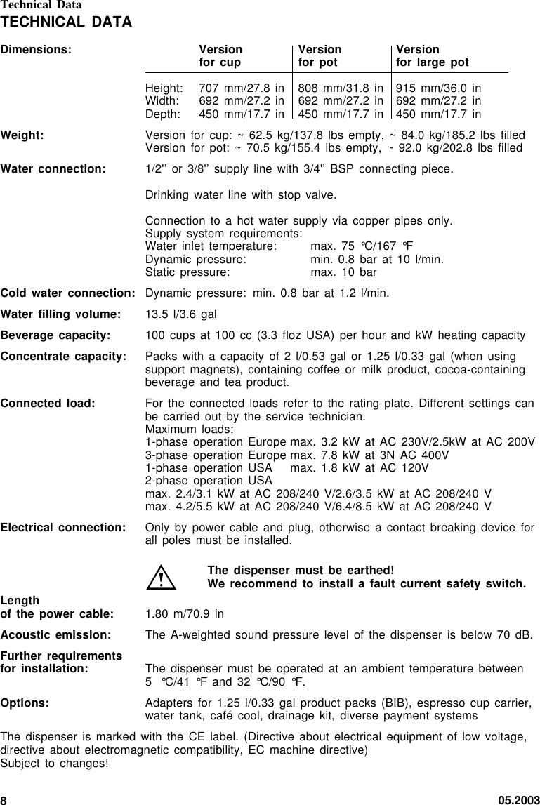 05.20038TECHNICAL DATADimensions: Version Version Versionfor cup for pot for large potHeight: 707 mm/27.8 in 808 mm/31.8 in 915 mm/36.0 inWidth: 692 mm/27.2 in 692 mm/27.2 in 692 mm/27.2 inDepth: 450 mm/17.7 in 450 mm/17.7 in 450 mm/17.7 inWeight: Version for cup:  ~ 62.5  kg/137.8  lbs empty,  ~ 84.0 kg/185.2  lbs filledVersion for pot:  ~ 70.5 kg/155.4  lbs empty,  ~  92.0 kg/202.8  lbs filledWater connection: 1/2&apos;’ or 3/8&apos;’  supply line  with  3/4&apos;’ BSP  connecting piece.Drinking water line  with stop valve.Connection to a  hot water  supply  via copper  pipes only.Supply system requirements:Water inlet temperature: max. 75 °C/167  °FDynamic pressure: min. 0.8 bar  at 10 l/min.Static pressure: max. 10 barCold water connection: Dynamic pressure: min. 0.8 bar  at 1.2 l/min.Water filling volume: 13.5 l/3.6 galBeverage capacity: 100 cups at  100 cc (3.3  floz USA)  per  hour and  kW heating capacityConcentrate capacity: Packs with  a capacity of  2 l/0.53 gal  or 1.25 l/0.33  gal (when  usingsupport magnets), containing  coffee or milk  product, cocoa-containingbeverage and tea  product.Connected load: For the connected  loads refer to  the rating  plate.  Different settings  canbe carried out  by the  service  technician.Maximum loads:1-phase operation Europe max.  3.2 kW  at  AC 230V/2.5kW  at AC 200V3-phase operation Europe max.  7.8 kW  at  3N AC  400V1-phase operation USA max. 1.8 kW  at AC  120V2-phase operation USAmax. 2.4/3.1 kW  at AC 208/240  V/2.6/3.5 kW  at  AC 208/240  Vmax. 4.2/5.5 kW  at AC 208/240  V/6.4/8.5 kW  at  AC 208/240  VElectrical connection: Only by power  cable and plug,  otherwise a  contact  breaking device  forall poles must  be installed.The dispenser must  be earthed!We recommend to  install a fault  current safety switch.Lengthof the power  cable: 1.80 m/70.9 inAcoustic emission: The A-weighted sound pressure  level of  the  dispenser is  below 70 dB.Further requirementsfor installation: The dispenser must be  operated at an  ambient temperature between5 °C/41 °F and 32  °C/90 °F.Options: Adapters for 1.25  l/0.33 gal  product  packs (BIB),  espresso cup carrier,water tank, café  cool, drainage  kit,  diverse payment  systemsThe dispenser is  marked with the  CE label.  (Directive  about electrical  equipment of low  voltage,directive about electromagnetic  compatibility, EC  machine  directive)Subject to changes!Technical Data