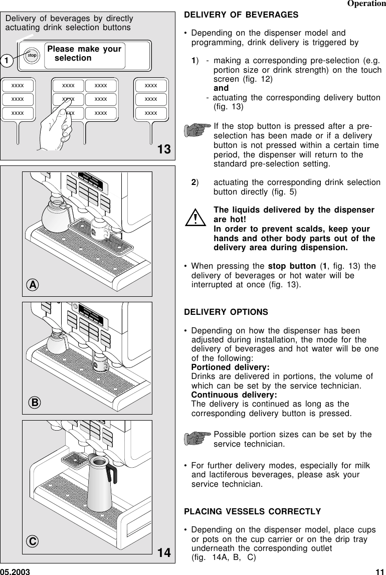 05.2003 11DELIVERY OF BEVERAGES• Depending on the  dispenser model andprogramming, drink delivery  is triggered  by1) - making a  corresponding pre-selection (e.g.portion size or  drink strength)  on  the touchscreen (fig. 12)and- actuating the  corresponding delivery button(fig. 13)If the stop  button is pressed  after a  pre-selection has been  made or if  a deliverybutton is not  pressed within  a  certain timeperiod, the dispenser  will return  to  thestandard pre-selection setting.2) actuating the corresponding  drink selectionbutton directly (fig.  5)The liquids delivered  by the dispenserare hot!In order to  prevent scalds, keep  yourhands and other  body parts out  of thedelivery area during  dispension.• When pressing the  stop button (1,  fig. 13) thedelivery of beverages  or hot water  will beinterrupted at once  (fig. 13).DELIVERY OPTIONS• Depending on how  the dispenser has  beenadjusted during installation,  the mode for  thedelivery of beverages  and hot  water  will be  oneof the following:Portioned delivery:Drinks are delivered  in portions, the  volume ofwhich can be  set by  the  service technician.Continuous delivery:The delivery is  continued as  long  as thecorresponding delivery button  is pressed.Possible portion sizes  can be set  by theservice technician.• For further delivery  modes, especially  for  milkand lactiferous beverages,  please ask  yourservice technician.PLACING VESSELS CORRECTLY• Depending on the  dispenser model,  place  cupsor pots on  the cup carrier  or on  the  drip trayunderneath the corresponding  outlet(fig. 14A, B, C)xxxxxxxxxxxxxxxxxxxxxxxxxxxxxxxxxxxxxxxxxxxxxxxxstop14xxxxxxxxx   xxxxxxxxxxxxx    xxxxxxxxxxOperation131xxxxxxxxx   xxxxxxxxxxxxx    xxxxxxxxxxBCAPlease make yourselectionDelivery of beverages  by directlyactuating drink selection  buttons