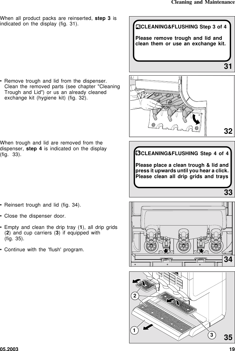 05.2003 1931CLEANING&amp;FLUSHING Step 3 of 4Please remove trough and lid  andclean them or use an exchange  kit.33CLEANING&amp;FLUSHING Step  4 of 4Please place a clean trough &amp; lid andpress it upwards until you hear a click.Please clean all drip grids and  traysWhen all product packs are reinserted,  step  3 isindicated on the display (fig.  31).• Remove trough and lid from  the  dispenser.Clean the removed parts (see chapter  &quot;CleaningTrough and Lid&quot;) or us an already cleanedexchange kit (hygiene kit) (fig.  32).When trough and lid are removed  from  thedispenser, step 4 is indicated on the display(fig. 33).• Reinsert trough and lid (fig. 34).• Close the dispenser door.• Empty and clean the drip tray (1), all drip grids(2) and cup carriers (3) if equipped with(fig. 35).• Continue with the &apos;flush&apos; program.32Cleaning and Maintenance3512334