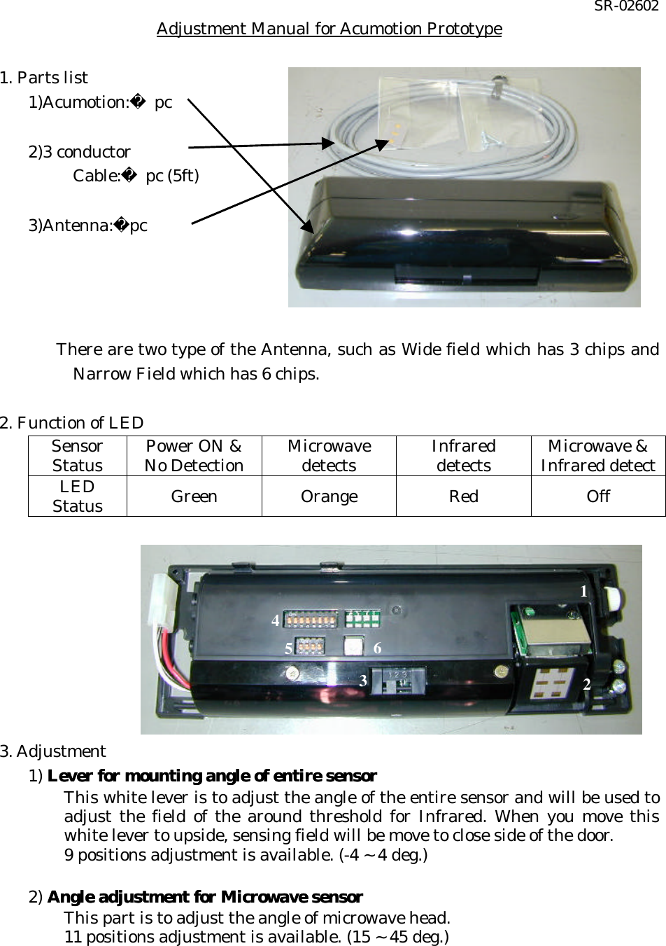 SR-02602 Adjustment Manual for Acumotion Prototype  1. Parts list 1)Acumotion: pc   2)3 conductor   Cable: pc (5ft)  3)Antenna:pc     There are two type of the Antenna, such as Wide field which has 3 chips and Narrow Field which has 6 chips.    2. Function of LED Sensor Status Power ON &amp;   No Detection Microwave detects Infrared detects Microwave &amp; Infrared detect LED Status Green Orange Red Off           3. Adjustment 1) Lever for mounting angle of entire sensorLever for mounting angle of entire sensor  This white lever is to adjust the angle of the entire sensor and will be used to adjust the field of the around threshold for Infrared. When you move this white lever to upside, sensing field will be move to close side of the door. 9 positions adjustment is available. (-4 ~ 4 deg.)    2) Angle adjustmeAngle adjustment for Microwave sensornt for Microwave sensor   This part is to adjust the angle of microwave head.  11 positions adjustment is available. (15 ~ 45 deg.)   1 2 3 4 5 6 