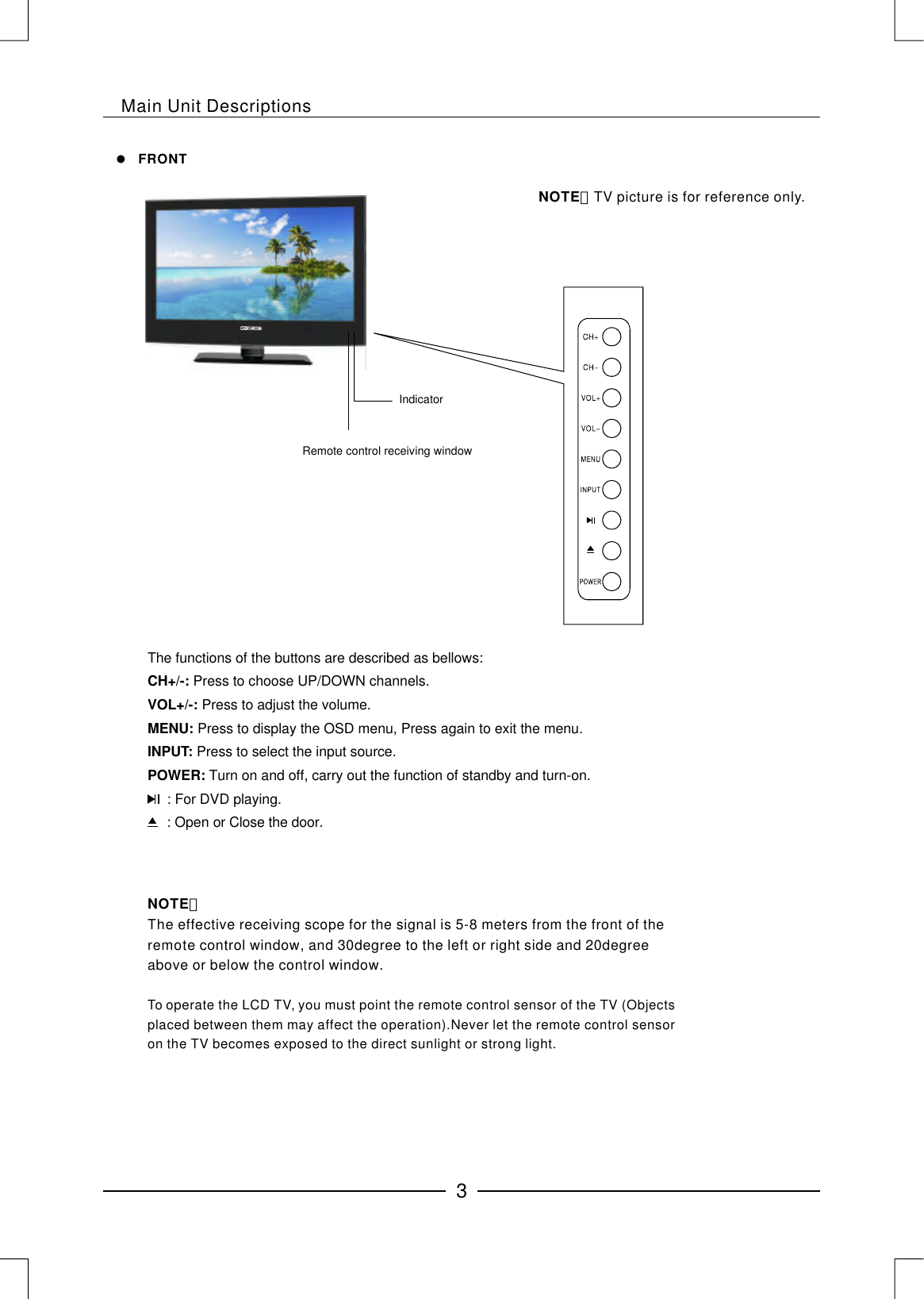 Main Unit DescriptionsNOTE：The effective receiving scope for the signal is 5-8 meters from the front of the remote control window, and 30degree to the left or right side and 20degree above or below the control window.To operate the LCD TV, you must point the remote control sensor of the TV (Objects placed between them may affect the operation).Never let the remote control sensor on the TV becomes exposed to the direct sunlight or strong light.The functions of the buttons are described as bellows: Press to choose UP/DOWN channels.Press to adjust the volume.Press to display the OSD menu, Press again to exit the menu.Press to select the input source. Turn on and off, carry out the function of standby and turn-on.      :      : Open CH+/-:VOL+/-: MENU: INPUT: POWER:For DVD playing.or Close the door.NOTE：TV picture is for reference only.FRONTIndicatorRemote control receiving window3