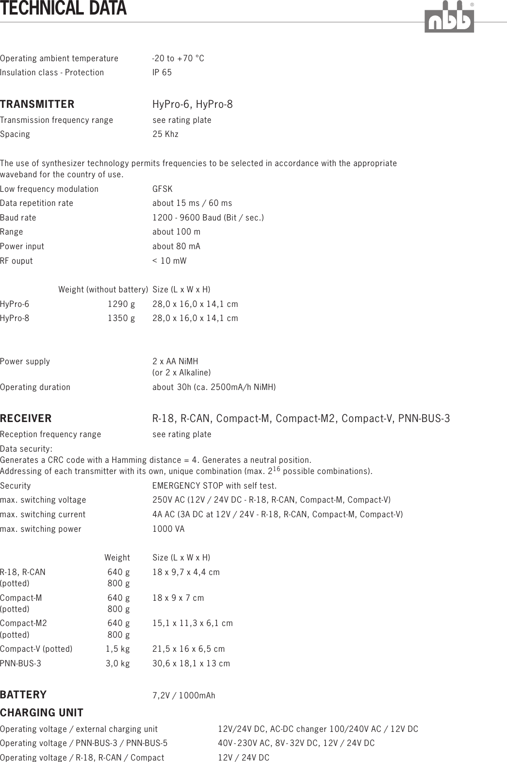 Operating ambient temperatureInsulation class - Protection IP 65TRANSMITTER HyPro-6, HyPro-8 Transmission frequency range see rating plateSpacing 25 KhzThe use of synthesizer technology permits frequencies to be selected in accordance with the appropriate waveband for the country of use.Low frequency modulation GFSKData repetition rate about 15 ms / 60 msBaud rate 1200 - 9600 Baud (Bit / sec.)Range about 100 mPower input about 80 mA&lt;RF ouput  10 mW                          Weight (without battery) Size (L x W x H)HyPro-6 1290 g 28,0 x 16,0 x 14,1 cmHyPro-8 1350 g 28,0 x 16,0 x 14,1 cmPower supply   2 x AA NiMH (or 2 x Alkaline)Operating duration about 30h (ca. 2500mA/h NiMH)RECEIVER R-18, R-CAN, Compact-M, Compact-M2, Compact-V, PNN-BUS-3 Reception frequency range            see rating plateData security:Generates a CRC code with a Hamming distance = 4. Generates a neutral position.16Addressing of each transmitter with its own, unique combination (max. 2  possible combinations).Security EMERGENCY STOP with self test.max. switching voltage 250V AC (12V / 24V DC - R-18, R-CAN, Compact-M, Compact-V)max. switching current 4A AC (3A DC at 12V / 24V - R-18, R-CAN, Compact-M, Compact-V)max. switching power 1000 VAWeight Size (L x W x H) R-18, R-CAN 640 g 18 x 9,7 x 4,4 cm(potted) 800 gCompact-M 640 g 18 x 9 x 7 cm(potted) 800 gCompact-M2 640 g 15,1 x 11,3 x 6,1 cm(potted) 800 gCompact-V (potted) 1,5 kg 21,5 x 16 x 6,5 cmPNN-BUS-3 3,0 kg 30,6 x 18,1 x 13 cmBATTERY 7,2V / 1000mAhCHARGING UNITOperating voltage / external charging unit 12V/24V DC, AC-DC changer 100/240V AC / 12V DCOperating voltage / PNN-BUS-3 / PNN-BUS-5 40V - 230V AC, 8V - 32V DC, 12V / 24V DCOperating voltage / R-18, R-CAN / Compact 12V / 24V DC        -20 to +70 °C®TECHNICAL DATA