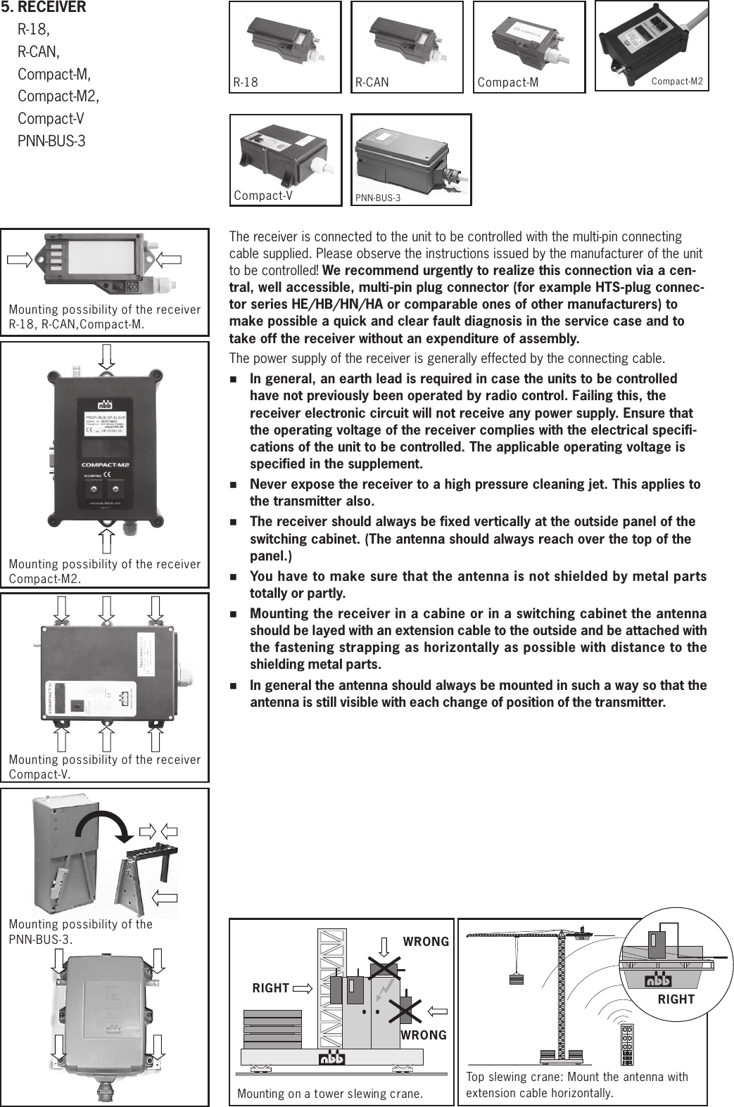 Compact-M25. RECEIVERR-18, R-CAN,Compact-M,Compact-M2, Compact-VPNN-BUS-3Mounting possibility of the receiverR-18, R-CAN,Compact-M.Mounting possibility of the receiver Compact-V..WRONGMounting on a tower slewing crane.Top slewing crane: Mount the antenna withextension cable horizontally.RIGHTThe receiver is connected to the unit to be controlled with the multi-pin connecting cable supplied. Please observe the instructions issued by the manufacturer of the unit to be controlled! We recommend urgently to realize this connection via a cen-tral, well accessible, multi-pin plug connector (for example HTS-plug connec-tor series HE/HB/HN/HA or comparable ones of other manufacturers) to make possible a quick and clear fault diagnosis in the service case and to take off the receiver without an expenditure of assembly.The power supply of the receiver is generally effected by the connecting cable.%In general, an earth lead is required in case the units to be controlled have not previously been operated by radio control. Failing this, the receiver electronic circuit will not receive any power supply. Ensure that the operating voltage of the receiver complies with the electrical specifi-cations of the unit to be controlled. The applicable operating voltage is specified in the supplement.%Never expose the receiver to a high pressure cleaning jet. This applies to the transmitter also.%The receiver should always be fixed vertically at the outside panel of the switching cabinet. (The antenna should always reach over the top of the panel.)  %You have to make sure that the antenna is not shielded by metal parts totally or partly.%Mounting the receiver in a cabine or in a switching cabinet the antenna should be layed with an extension cable to the outside and be attached with the fastening strapping as horizontally as possible with distance to the shielding metal parts.%In general the antenna should always be mounted in such a way so that the antenna is still visible with each change of position of the transmitter. WRONGRIGHTCompact-MR-18 R-CANCompact-VMounting possibility of the receiver Compact-M2.Mounting possibility of the  PNN-BUS-3. PNN-BUS-3