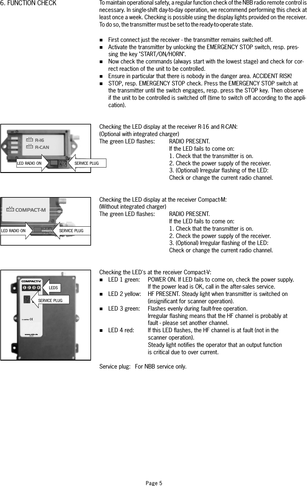 1 2 3 4www.nbb.de®COMPACT-VX3.820.1195LEDSCOMPACT-MR-16R-CANSERVICE PLUGLED RADIO ONLED RADIO ON SERVICE PLUGSERVICE PLUGTo maintain operational safety, a regular function check of the NBB radio remote control isnecessary. In single-shift day-to-day operation, we recommend performing this check atleast once a week. Checking is possible using the display lights provided on the receiver.To do so, the transmitter must be set to the ready-to-operate state.First connect just the receiver - the transmitter remains switched off.Activate the transmitter by unlocking the EMERGENCY STOP switch, resp. pres-sing the key &quot;START/ON/HORN&quot;.Now check the commands (always start with the lowest stage) and check for cor-rect reaction of the unit to be controlled.Ensure in particular that there is nobody in the danger area., resp. . Press the EMERGENCY STOP switch atthe transmitter until the switch engages, resp. press the STOP key. Then observeif the unit to be controlled is switched off (time to switch off according to the appli-cation).(Optional with integrated charger)RADIO PRESENT.If the LED fails to come on:1. Check that the transmitter is on.2. Check the power supply of the receiver.3. (Optional) Irregular flashing of the LED:Check or change the current radio channel.(Without integrated charger)RADIO PRESENT.If the LED fails to come on:1. Check that the transmitter is on.2. Check the power supply of the receiver.3. (Optional) Irregular flashing of the LED:Check or change the current radio channel.%%%%%ACCIDENT RISK!STOP EMERGENCY STOP checkChecking the LED display at the receiver R-16 and R-CAN:The green LED flashes:Checking the LED display at the receiver Compact-M:The green LED flashes:Service plug: For NBB service only.Checking the LED&apos;s at the receiver Compact-V:LED 1 green:LED 2 yellow:LED 3 green:LED 4 red:%%%%POWER ON. If LED fails to come on, check the power supply.If the power lead is OK, call in the after-sales service.HF PRESENT. Steady light when transmitter is switched on(insignificant for scanner operation).Flashes evenly during fault-free operation.Irregular flashing means that the HF channel is probably atfault - please set another channel.If this LED flashes, the HF channel is at fault (not in thescanner operation).Steady light notifies the operator that an output functionis critical due to over current.6. FUNCTION CHECKPage 5