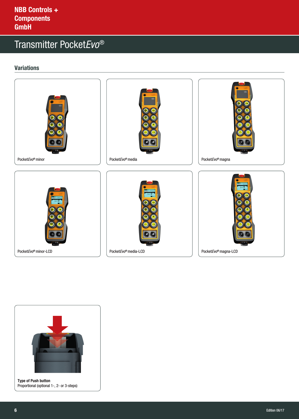 6NBB Controls + Components GmbHTransmitter PocketEvo® VariationsEdition 06/17PocketEvo® minor-LCDPocketEvo® mediaPocketEvo® minorPocketEvo® media-LCD PocketEvo® magna-LCDPocketEvo® magnaType of Push button Proportional (optional 1-, 2- or 3-steps)