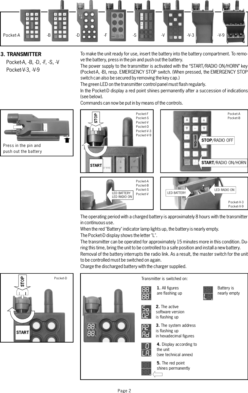 To make the unit ready for use, insert the battery into the battery compartment. To remo-ve the battery, press in the pin and push out the battery.The power supply to the transmitter is activated with the “START/RADIO ON/HORN” key(Pocket-A, -B), resp. EMERGENCY STOP switch. (When pressed, the EMERGENCY STOPswitch can also be secured by removing the key cap.)The green LED on the transmitter control panel must flash regularly.In the Pocket-D display a red point shines permanently after a succession of indications(see below).Commands can now be put in by means of the controls.3. TRANSMITTERPocket-A, -B, -D, -F, -S, -VPocket-V-3, -V-9-F -SPocket-A -B -V-3 -V-9-VPage 2-DThe operating period with a charged battery is approximately 8 hours with the transmitterin continuous use.When the red&quot;Battery&quot; indicator lamp lights up, the battery isnearly empty.The Pocket-D display shows the letter &quot;L&quot;.The transmitter can be operated for approximately 15 minutes more in this condition. Du-ringthis time, bring the unit to be controlled to a safe position and installa newbattery.Removal of the battery interrupts the radio link. As a result, the master switch for the unitto be controlled must be switched on again.Charge the discharged battery with the charger supplied.STARTPocket-FPocket-SPocket-VPocket-DPocket-V-3Pocket-V-9Pocket-V-3Pocket-V-9Pocket-APocket-BSTOPPocket-APocket-BPocket-SPocket-VPocket-DSTART8.88.8Transmitter is switched on:1. All figuresare flashing up 8.88LBattery isnearly empty0.8AlDisplay according tothe unit(see technical annex)4..s .0The activesoftware versionis flashing up2.2.A.A3. The system addressis flashing upin hexadecimal figures8.888The red pointshines permanently5.8.88.82Press in the pin andpush out the batterySTOP/RADIO OFFSTART/RADIO ON/HORNLED BATTERYLED RADIO ONLED BATTERY LED RADIO ON