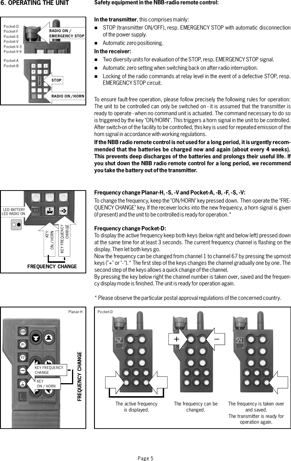 Safety equipment in the NBB-radio remote control:In the transmitterIn the receiver:If the NBB radio remote control is not used for a long period, it is urgently recom-mended that the batteries be charged now and again (about every 4 weeks).This prevents deep discharges of the batteries and prolongs their useful life. Ifyou shut down the NBB radio remote control for a long period, we recommendyou take the battery out of the transmitter.Frequency change Planar-H, -S, -V and Pocket-A, -B, -F, -S, -V:Frequency change Pocket-D:,thiscomprisesmainly:STOP (transmitter ON/OFF), resp. EMERGENCY STOP with automatic disconnectionof the power supply.Automatic zero positioning.Two diversity units for evaluation of the STOP, resp. EMERGENCY STOP signal.Automatic zero setting when switching back on after radio interruption.Locking of the radio commands at relay level in the event of a defective STOP, resp.EMERGENCY STOP circuit.To ensure fault-free operation, please follow precisely the foll owing rules for operation:The unit to be controlled can only be switched on - it is assumed that the transmitter isready to operate - when no command unit is actuated. The command necessary to do sois triggered by the key &quot;ON/HORN&quot;. This triggers a horn signal in the unit to be controlled.After switch-on of the facility to be controlled, this key is used for repeated emission of thehorn signal in accordance with working regulations.To change the frequency, keep the &quot;ON/HORN &quot; key pressed down. Then operate the &quot;FRE-QUENCY CHANGE&quot; key. If thereceiverlocks into the new frequency, a horn signal is given(if present) and the unit to be controlled is ready for operation.*To display the active frequency keep bo th keys (below right and below left) pressed downat the same time for at least 3 seconds. The current frequency channel is flashing on thedisplay. Then let both keys go.Now the frequency can be changed from channel 1 to channel 67 by pressing the upmostkeys (&quot;+&quot; or &quot;-&quot;).* The first step of the keys changes the channel gradually one by one. Thesecond step of the keys allows a quick change of the channel.By pressing the key below right the channel number is taken over, saved and the frequen-cy display mode is finished. The unit is ready for operation again.*Pleaseobservetheparticularpostalapproval regulations ofthe concerned country.%%%%%LED RADIO ONLED BATTERYFREQUENCY CHANGEPage 5STOPSTOPRADIO ON / HORNPocket-APocket-BRADIO ON /EMERGENCY STOPPocket-DPocket-FPocket-SPocket-VPocket-V-3Pocket-V-96. OPERATING THE UNIT2.488 2.488 4.588+The active frequencyis displayed. The frequency can bechanged. The frequency is taken overand saved.The transmitter is ready foroperation again.Pocket-DSTOPL.Planar-HKEY FREQUENCYCHANGEKEYON / HORN