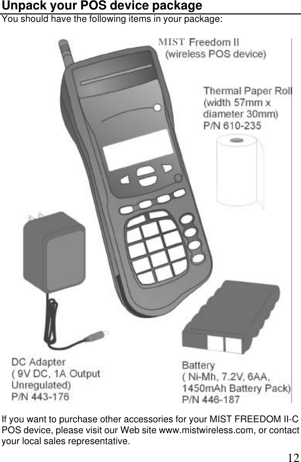 12Unpack your POS device packageYou should have the following items in your package:If you want to purchase other accessories for your MIST FREEDOM II-CPOS device, please visit our Web site www.mistwireless.com, or contactyour local sales representative.MIST