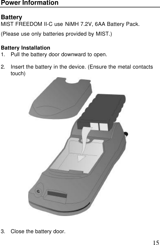 15Power InformationBatteryMIST FREEDOM II-C use NiMH 7.2V, 6AA Battery Pack.(Please use only batteries provided by MIST.)Battery Installation1. Pull the battery door downward to open.2. Insert the battery in the device. (Ensure the metal contactstouch)3. Close the battery door.