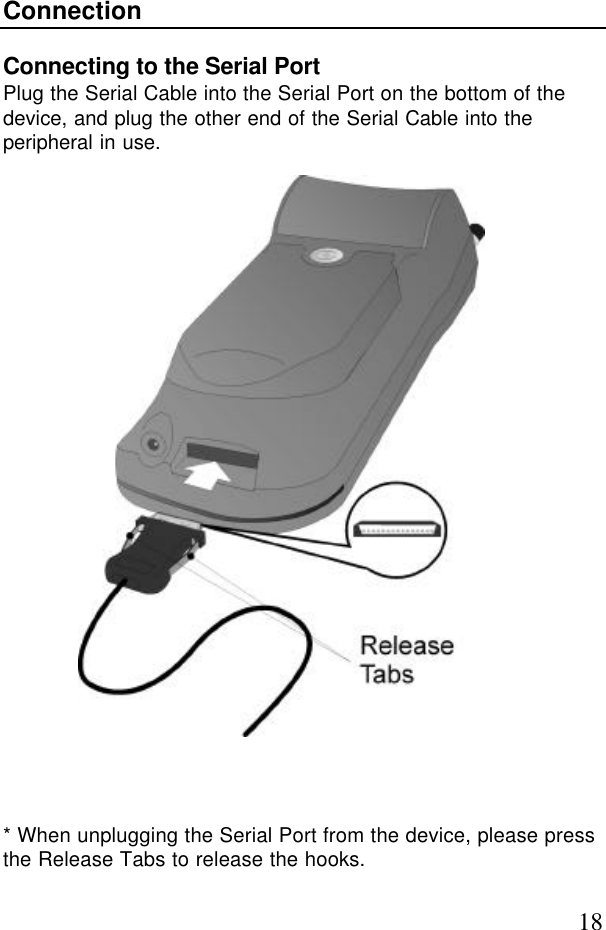 18ConnectionConnecting to the Serial PortPlug the Serial Cable into the Serial Port on the bottom of thedevice, and plug the other end of the Serial Cable into theperipheral in use.* When unplugging the Serial Port from the device, please pressthe Release Tabs to release the hooks.