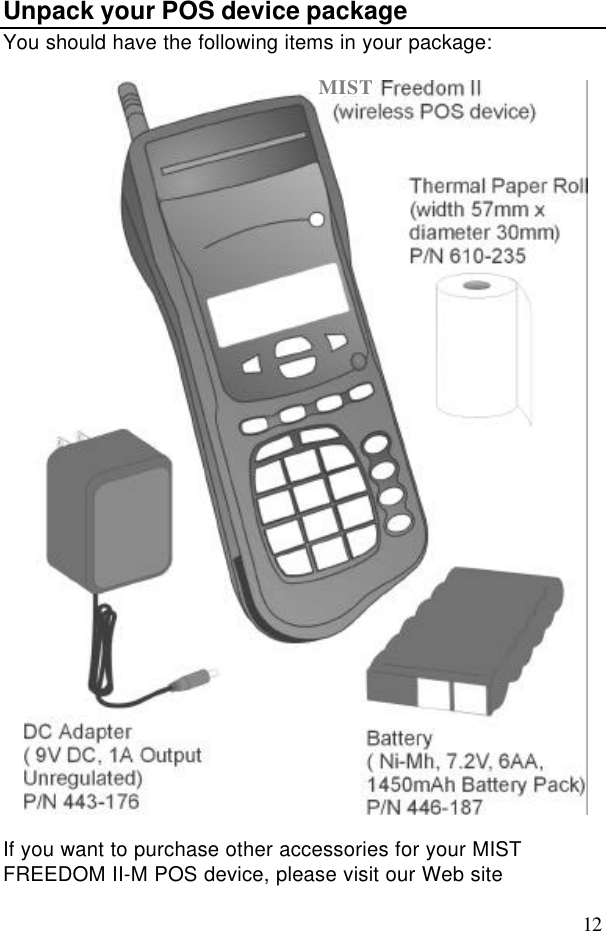 12Unpack your POS device packageYou should have the following items in your package:If you want to purchase other accessories for your MISTFREEDOM II-M POS device, please visit our Web siteMIST