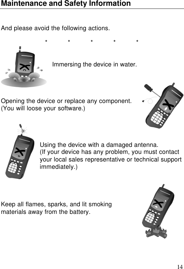 14Maintenance and Safety InformationAnd please avoid the following actions.*****Immersing the device in water.Opening the device or replace any component.(You will loose your software.)Using the device with a damaged antenna.(If your device has any problem, you must contactyour local sales representative or technical supportimmediately.)Keep all flames, sparks, and lit smokingmaterials away from the battery.