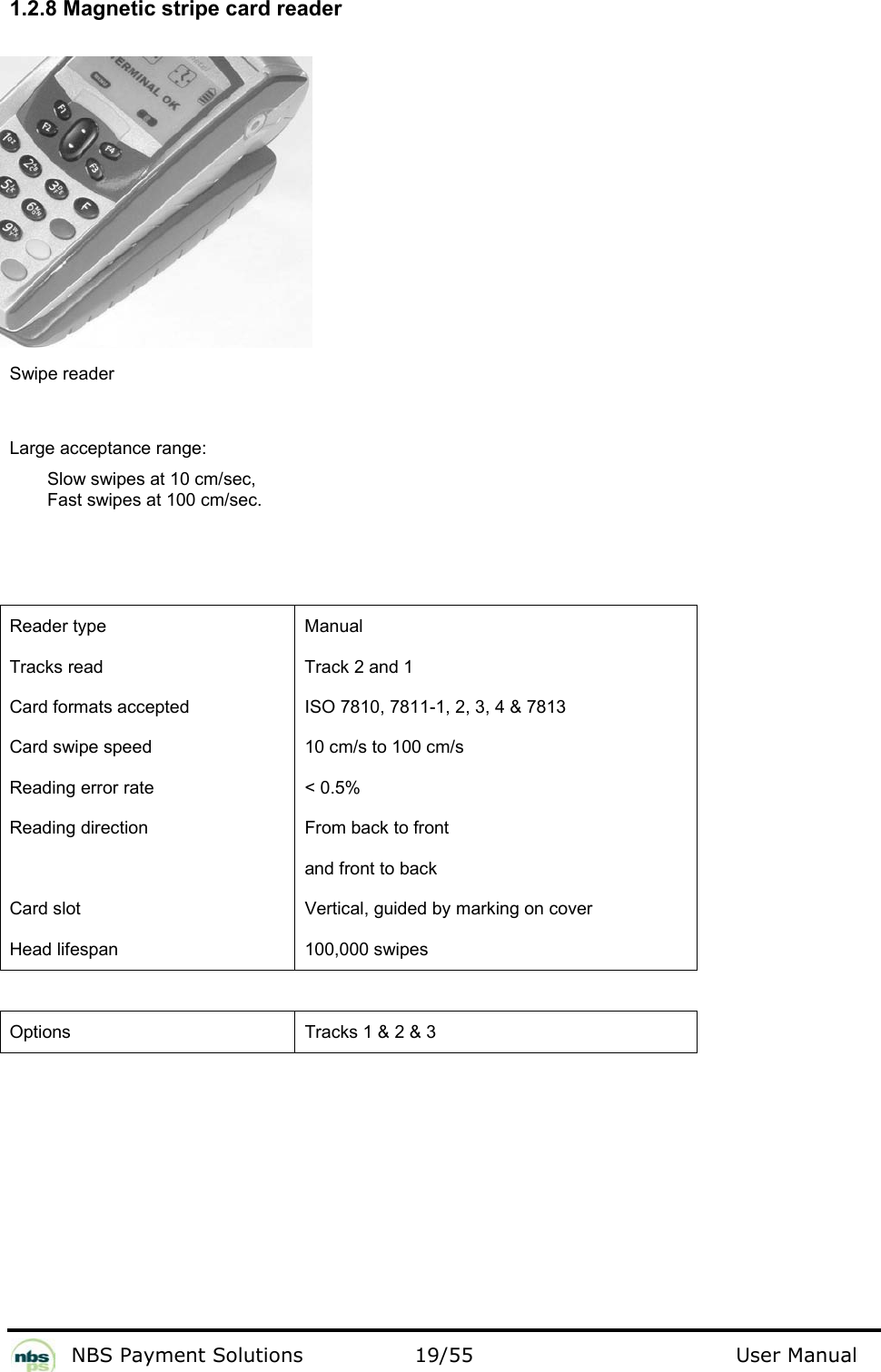           NBS Payment Solutions  19/55                                 User Manual 1.2.8 Magnetic stripe card reader                 Swipe reader  Large acceptance range:  Slow swipes at 10 cm/sec,  Fast swipes at 100 cm/sec.     Reader type   Manual  Tracks read   Track 2 and 1  Card formats accepted   ISO 7810, 7811-1, 2, 3, 4 &amp; 7813  Card swipe speed   10 cm/s to 100 cm/s  Reading error rate   &lt; 0.5%  Reading direction   From back to front    and front to back  Card slot   Vertical, guided by marking on cover  Head lifespan   100,000 swipes    Options  Tracks 1 &amp; 2 &amp; 3   